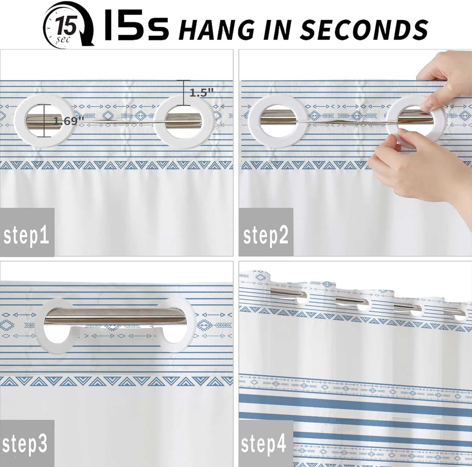 TERSUM No Hook Blue Striped Shower Curtain Set with Snap Liner 71x74 Inch