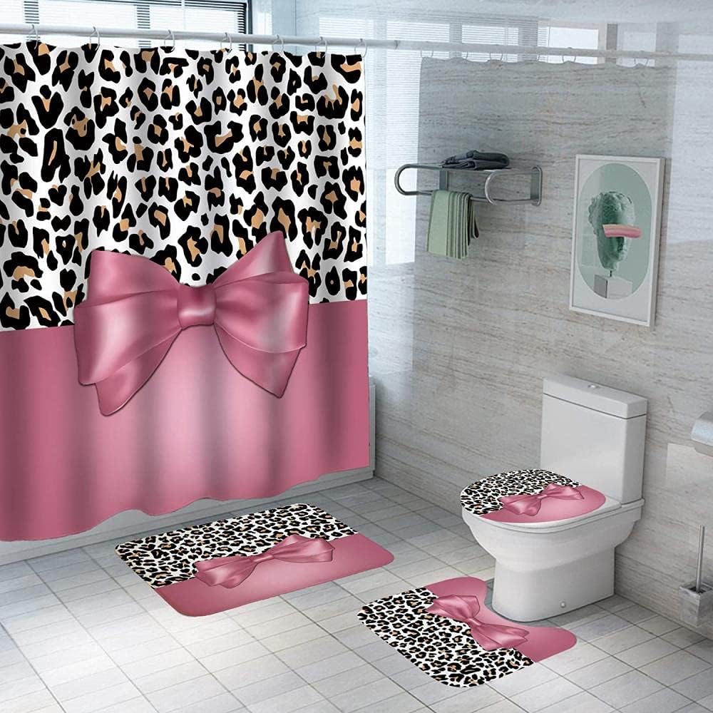 Uphome Leopard Print Bath Mat with Pink Bowknot