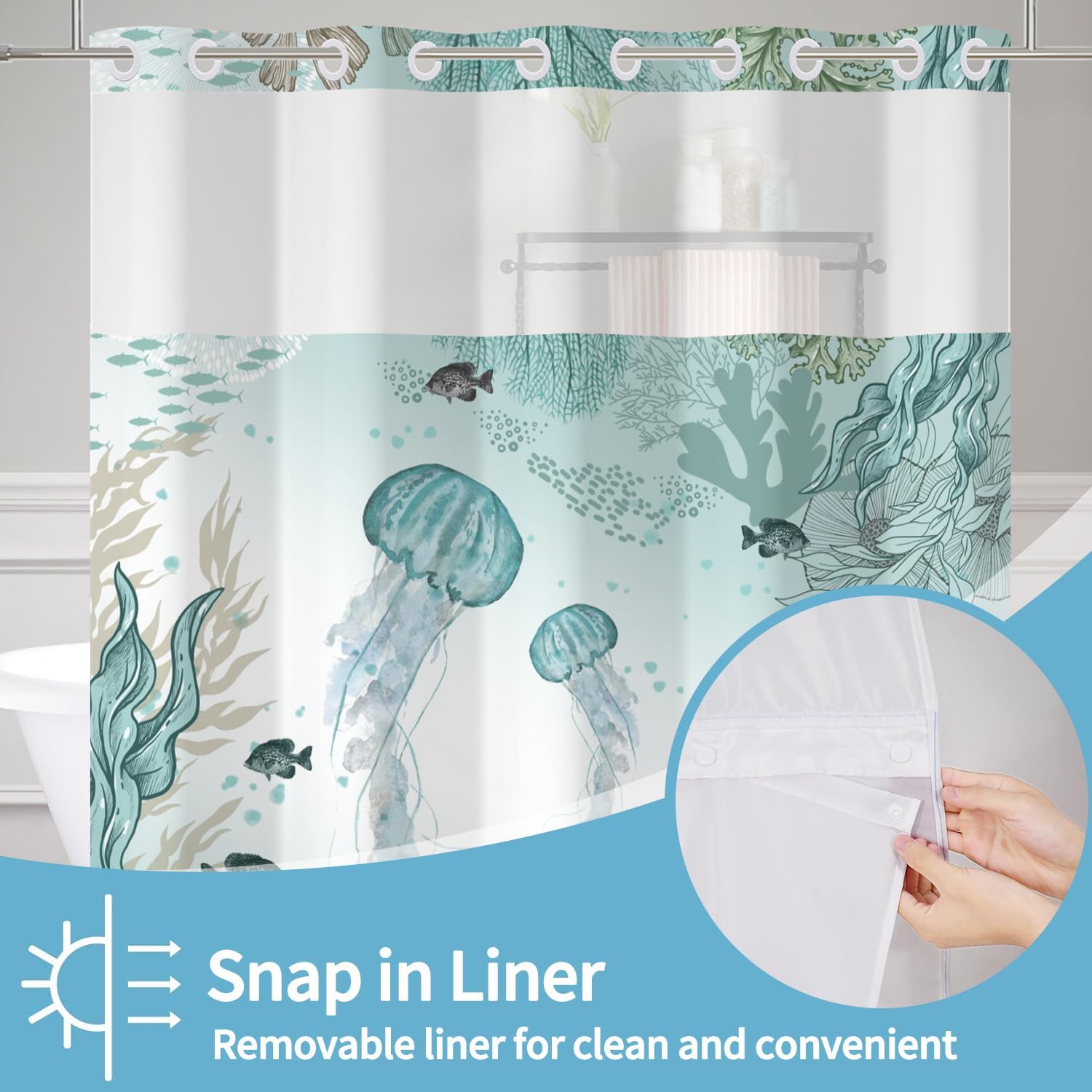 No Hook Jellyfish Shower Curtain Set with Snap-in Liner and Double Layer
