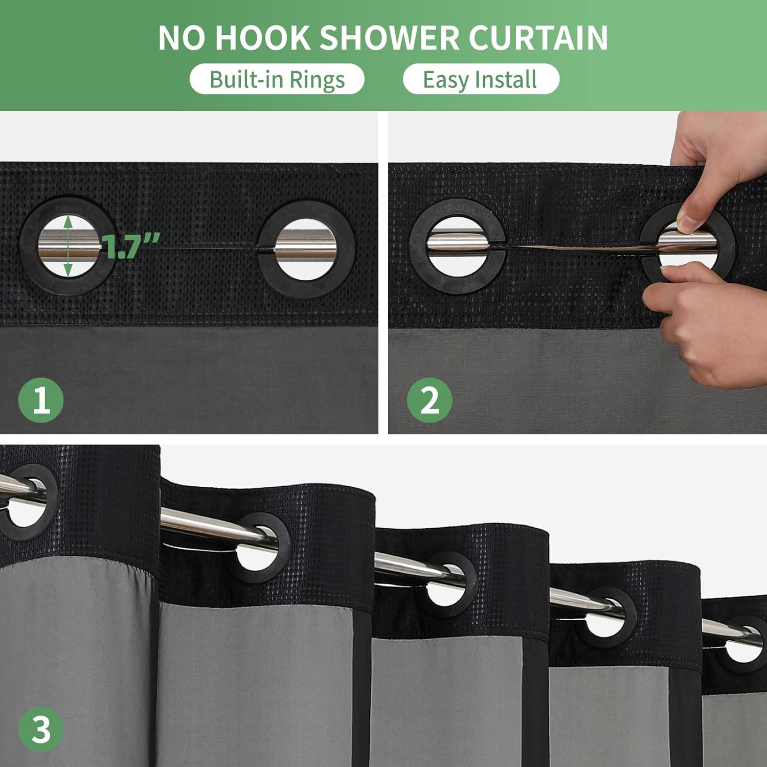 Eachope Black No Hook Shower Curtain with Snap-in Liner Set