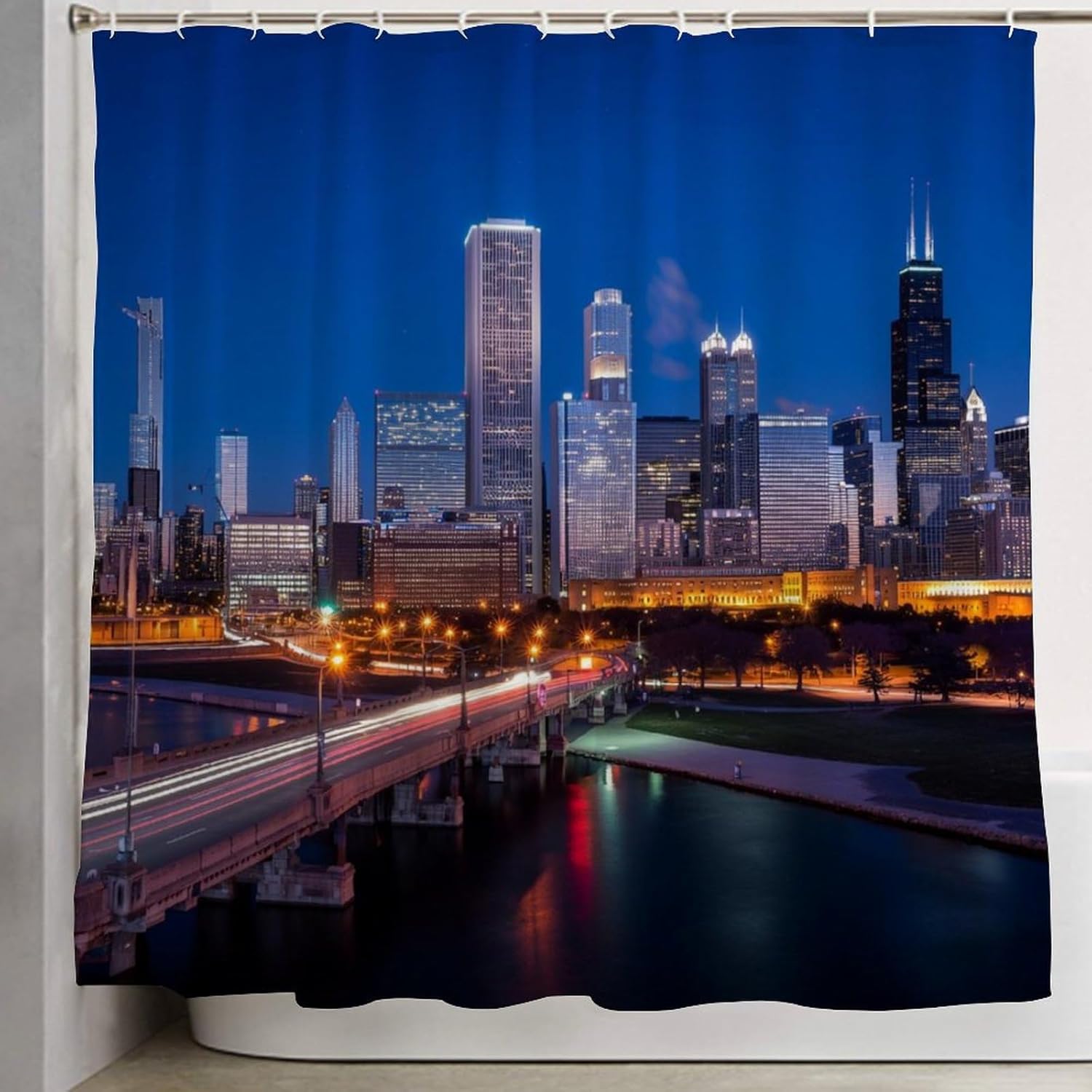 OXJOIIS USA Chicago City Skyline Art Shower Curtain Set