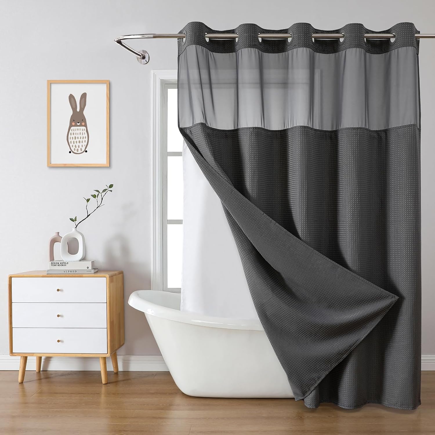 Charcoal Grey Waffle Weave Shower Curtain Set with Snap-In Liner 71x77 Inches