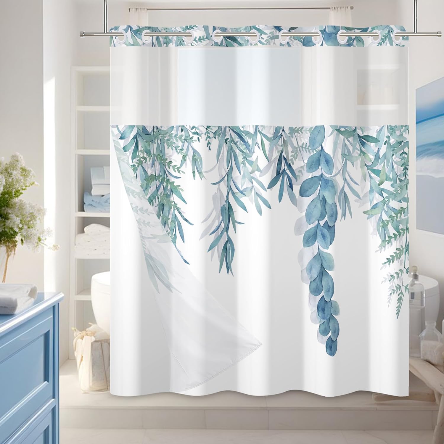 AWERT Double Layer Shower Curtain Set with Snap Liner Sage Green