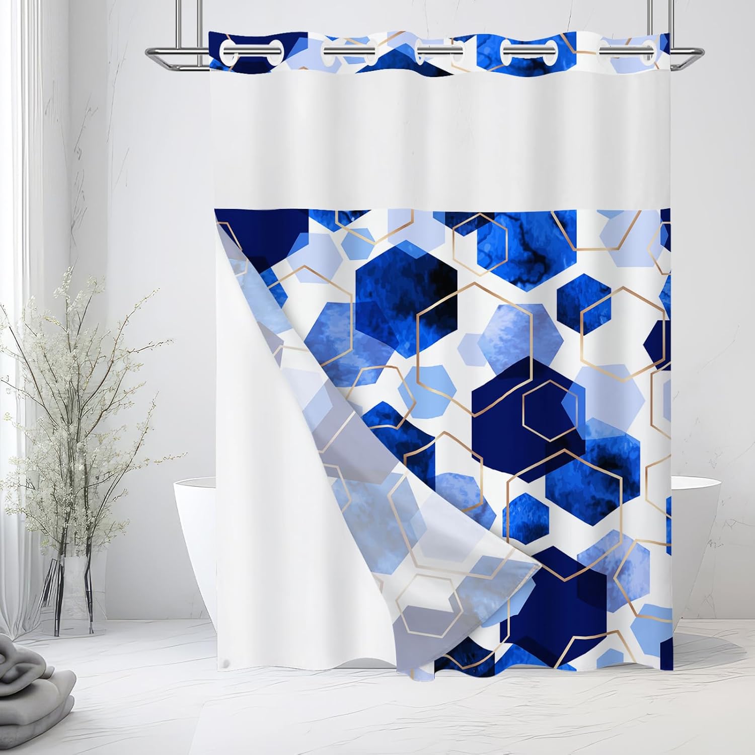 No Hook Royal Blue Shower Curtain with Snap-in Liner Set