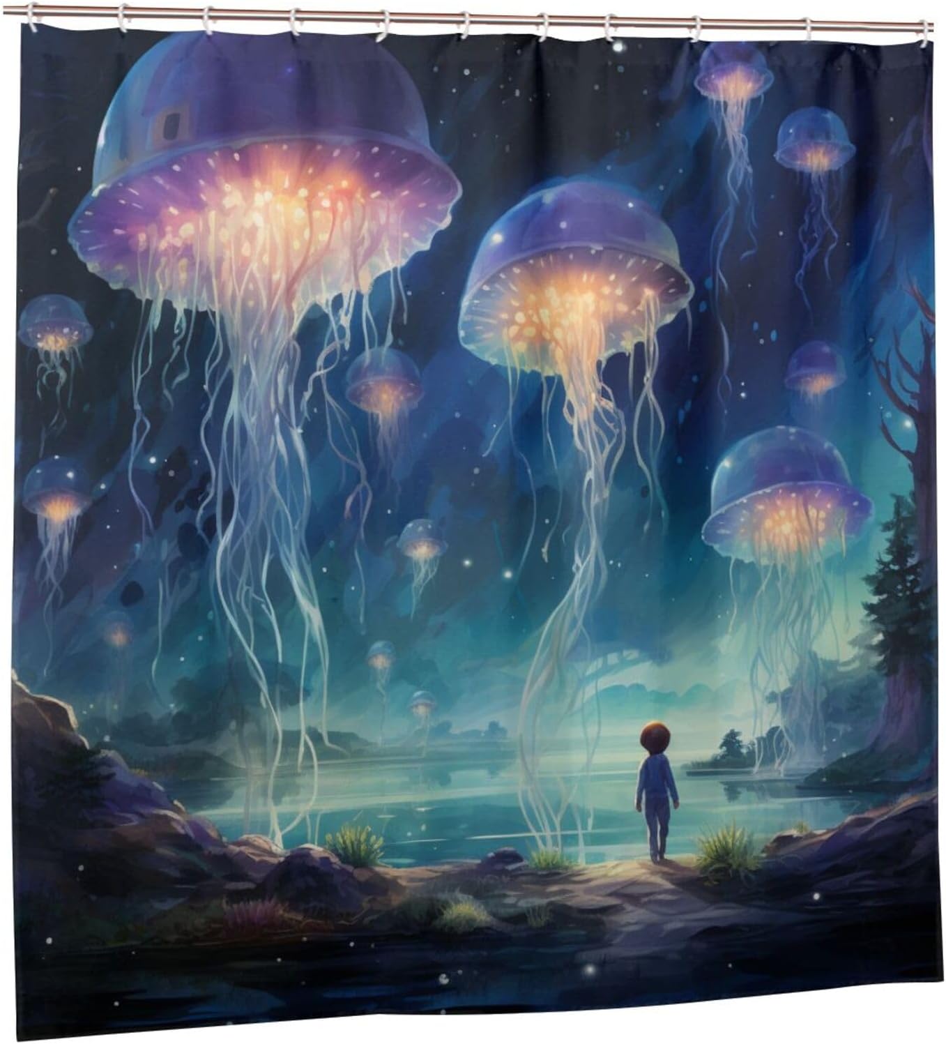 Blue Jellyfish Shower Curtain Set with 12 Hooks 72x72in
