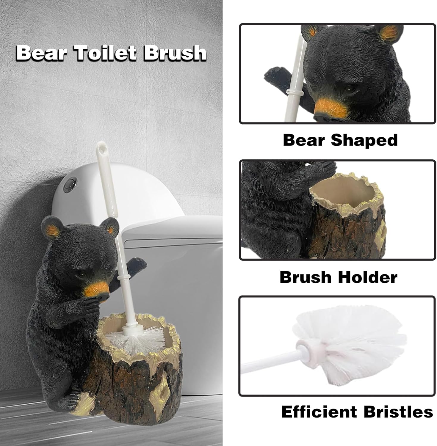 Whimsical Black Bear Toilet Brush Holder Set