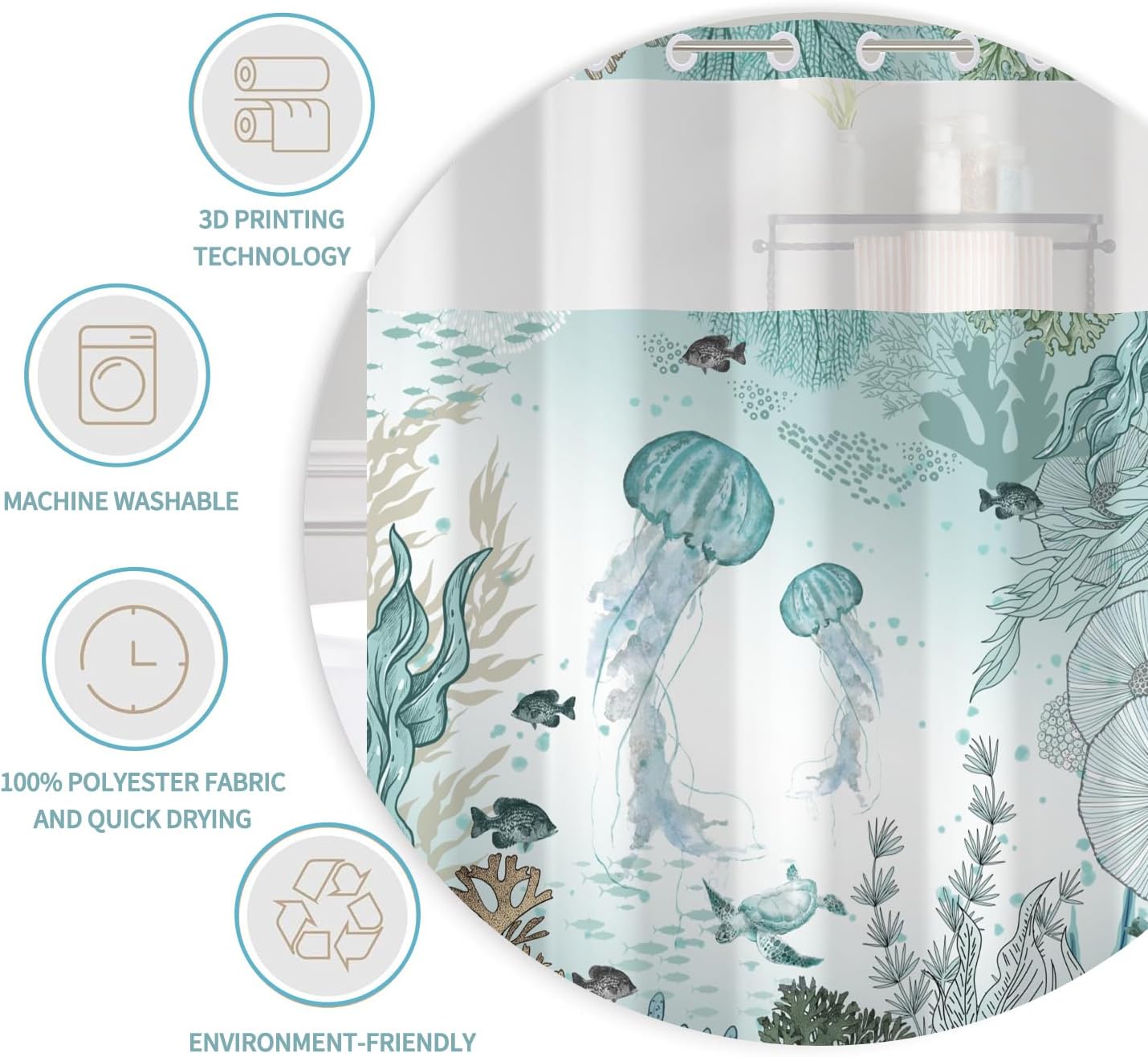 No Hook Jellyfish Shower Curtain Set with Snap-in Liner and Double Layer