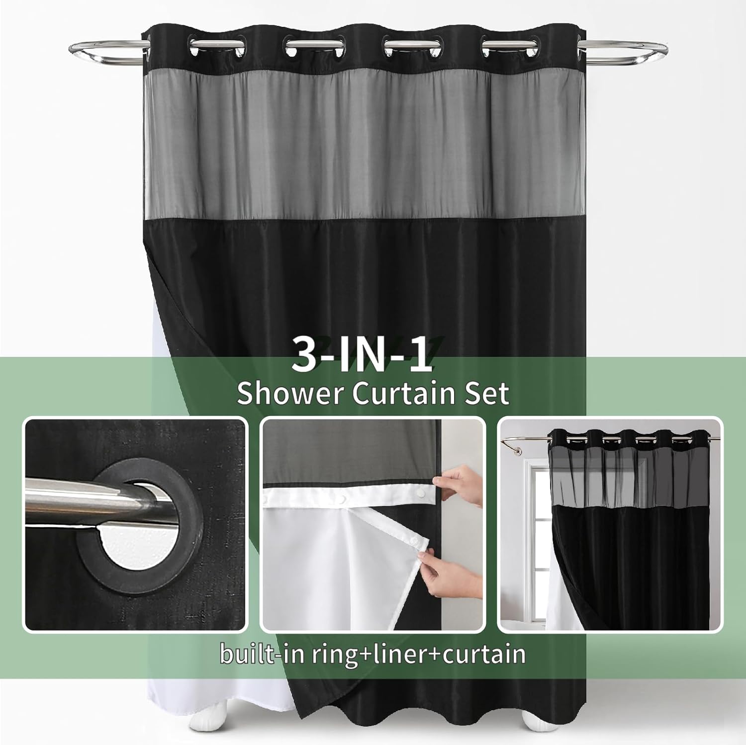 Black Slub Textured Shower Curtain Set with Snap-in Liner
