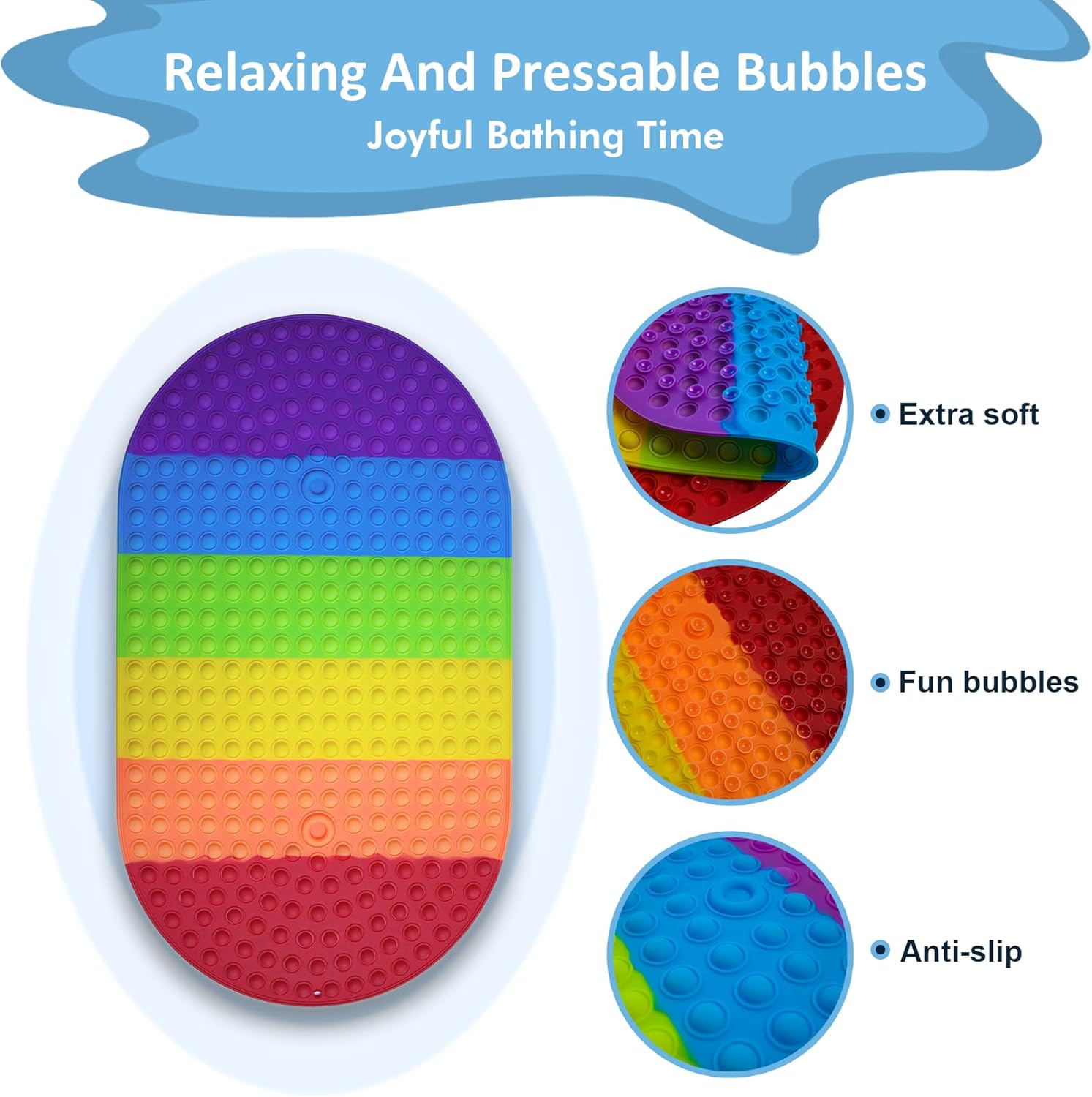 Tiamo Baby Bath Mat Non Slip with Rainbow Bubbles
