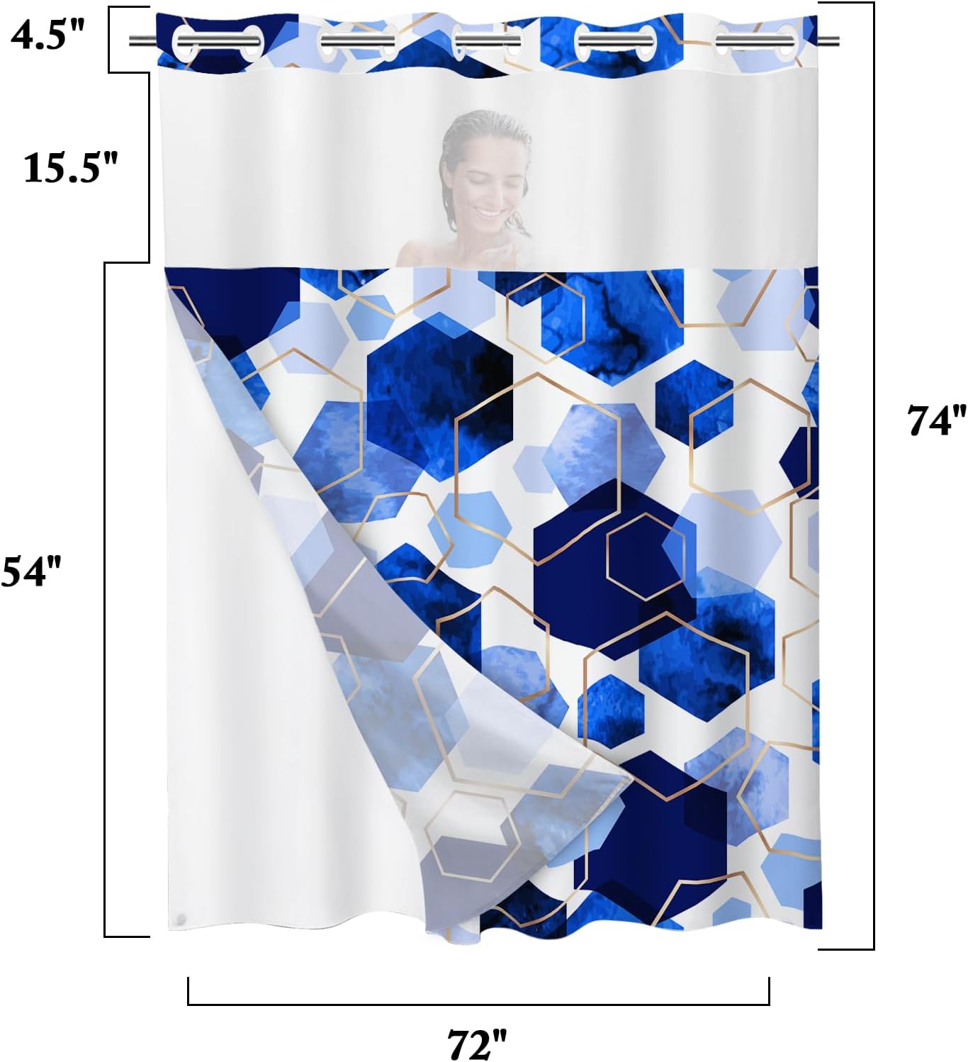 No Hook Royal Blue Shower Curtain with Snap-in Liner Set