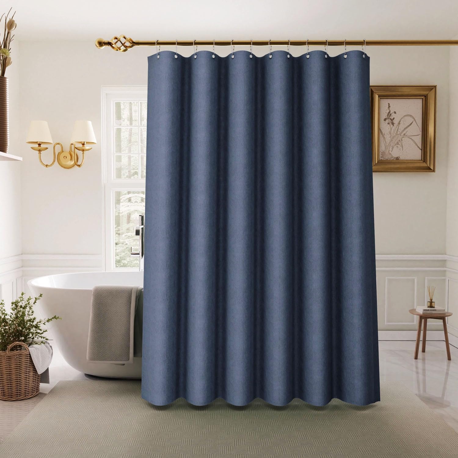 Inhousolu Boho Shower Curtain Set Faux Linen 12 Metal Hooks Navy Blue 54x78
