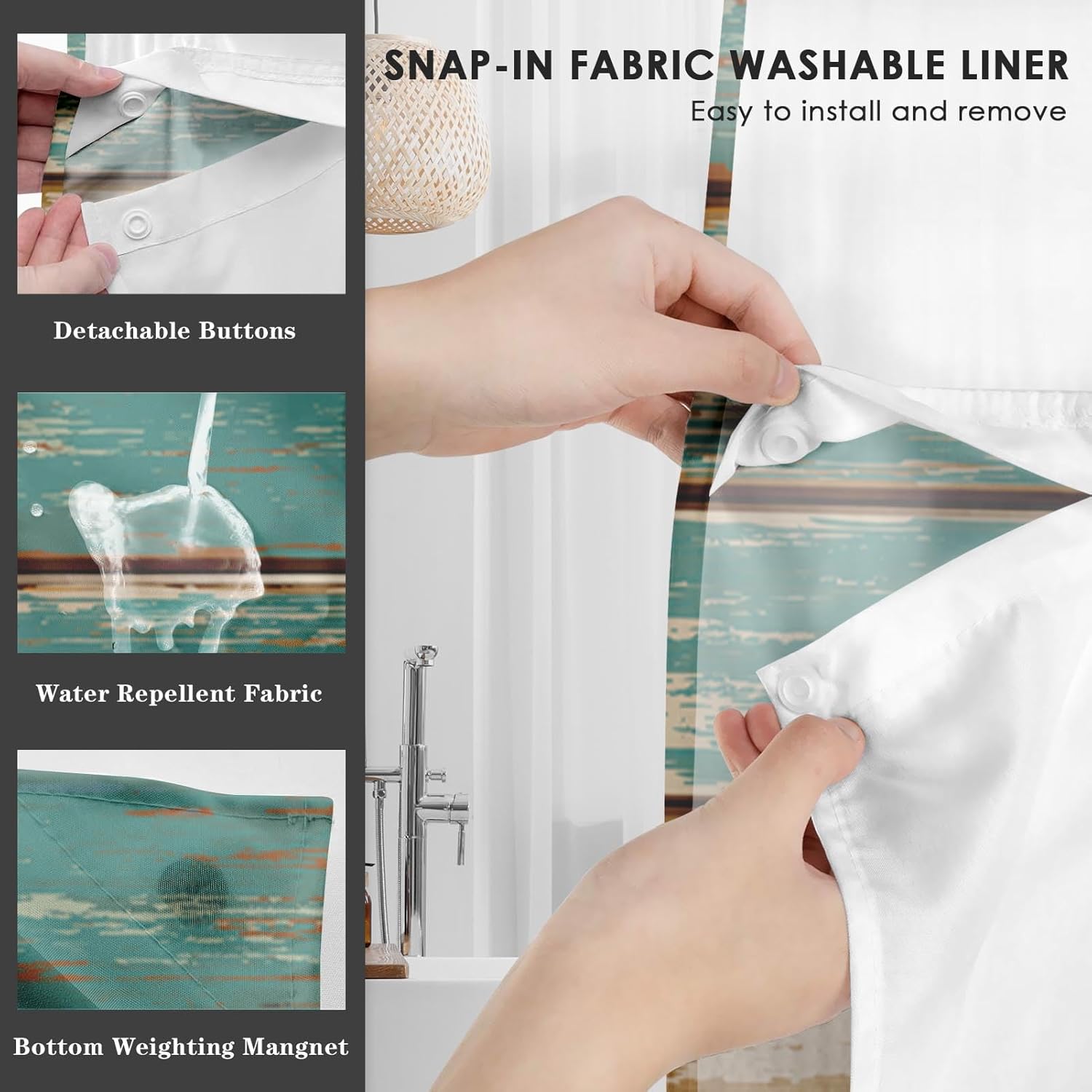 Nesphy No Hook Anchor Wooden Board Shower Curtain Set 1