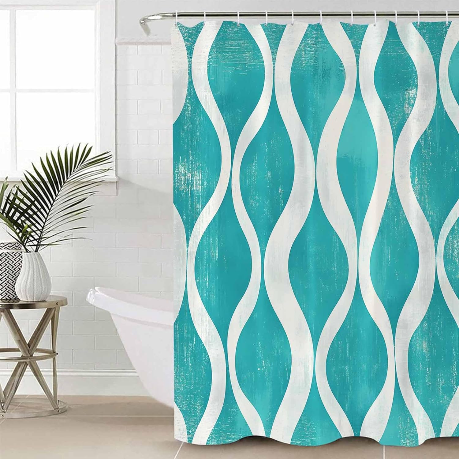ZOE GARDEN Aqua White Wave Bathroom Set with Mat and Hooks