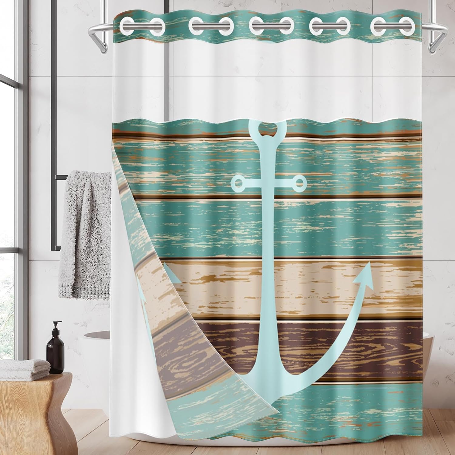 Nesphy No Hook Anchor Wooden Board Shower Curtain Set 1