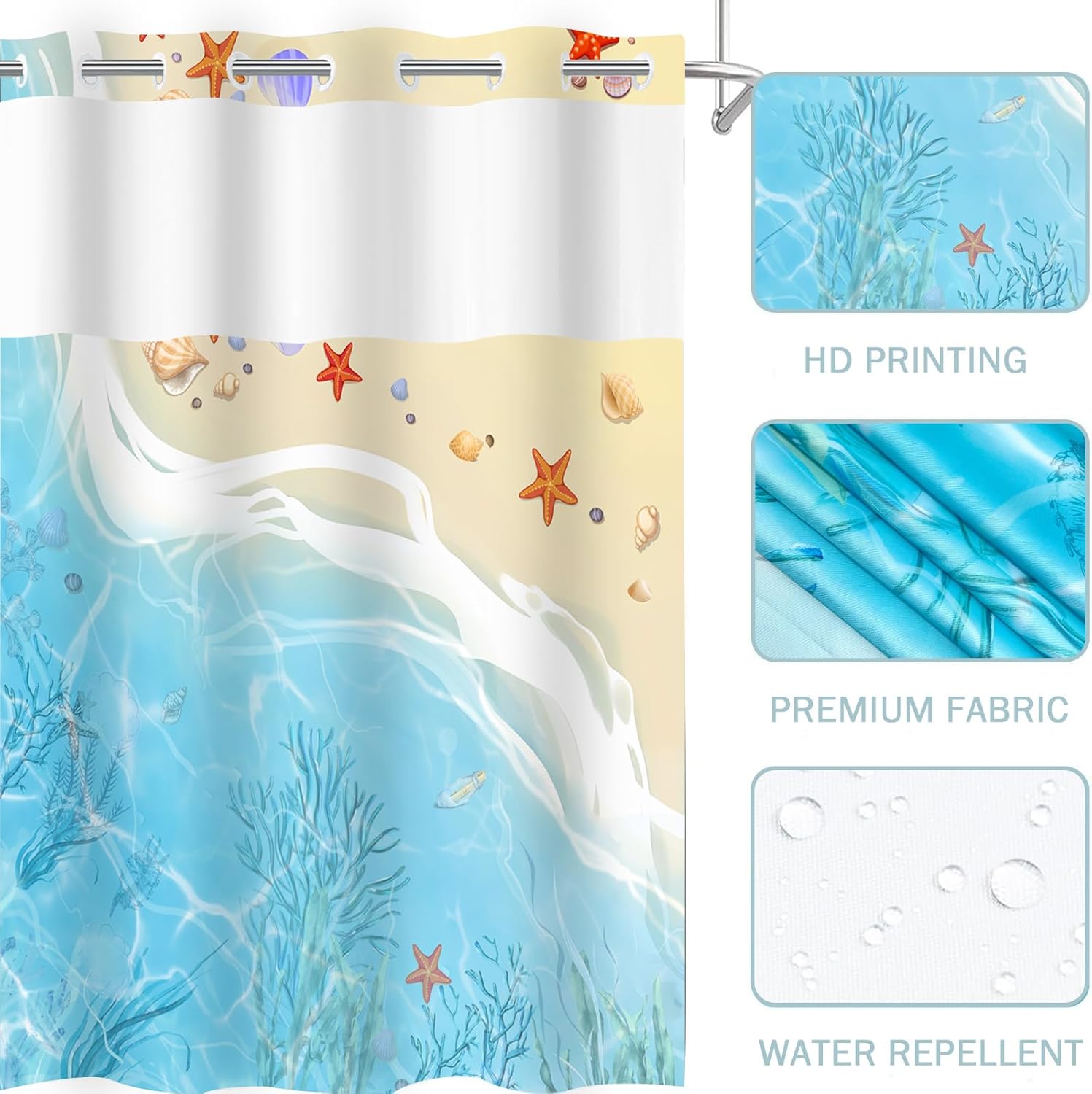 No Hook Beach Shower Curtain Set with Snap Liner 71x74 Inches