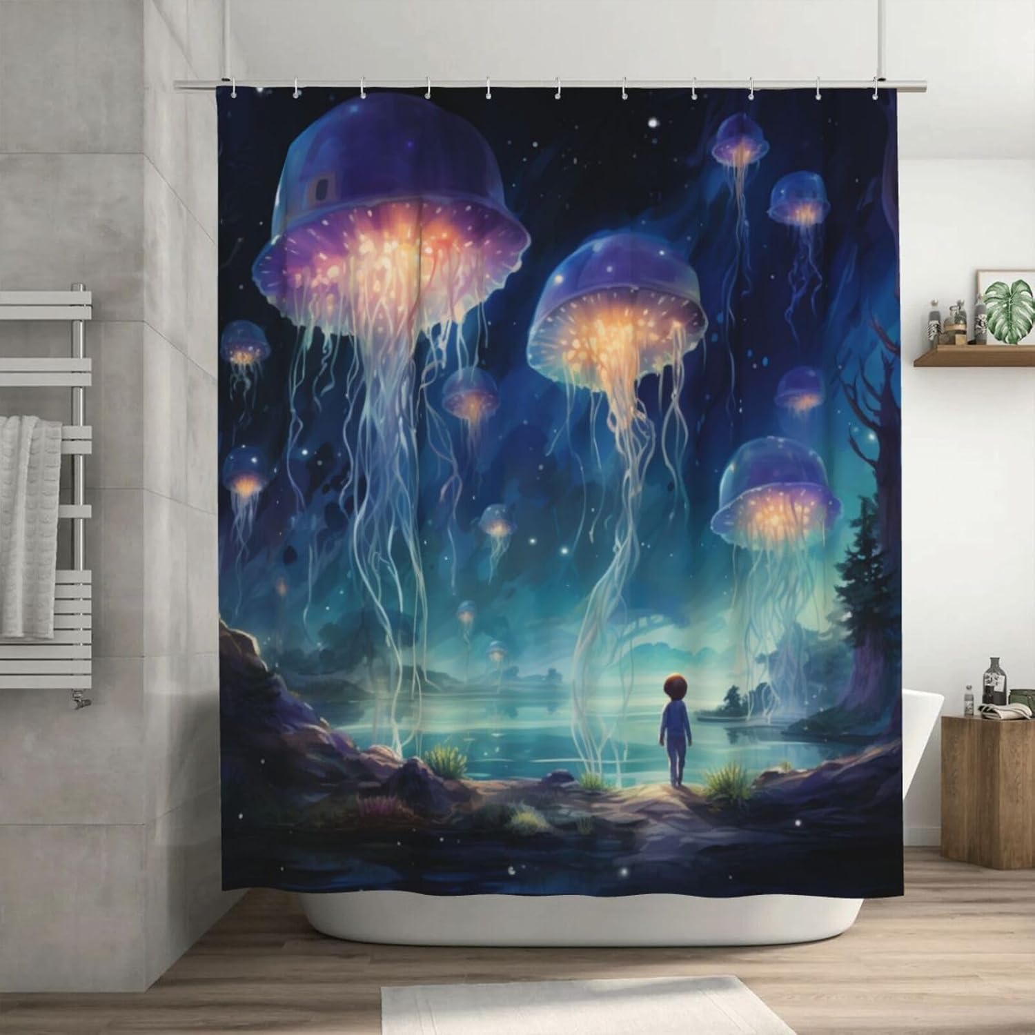 Blue Jellyfish Shower Curtain Set with 12 Hooks 72x72in