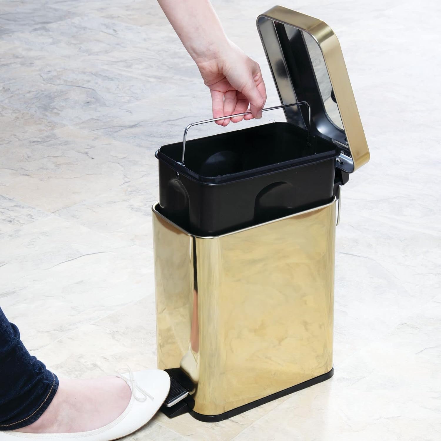 mDesign Metal Toilet Brush with Holder and Step Pedal Trash Can Set