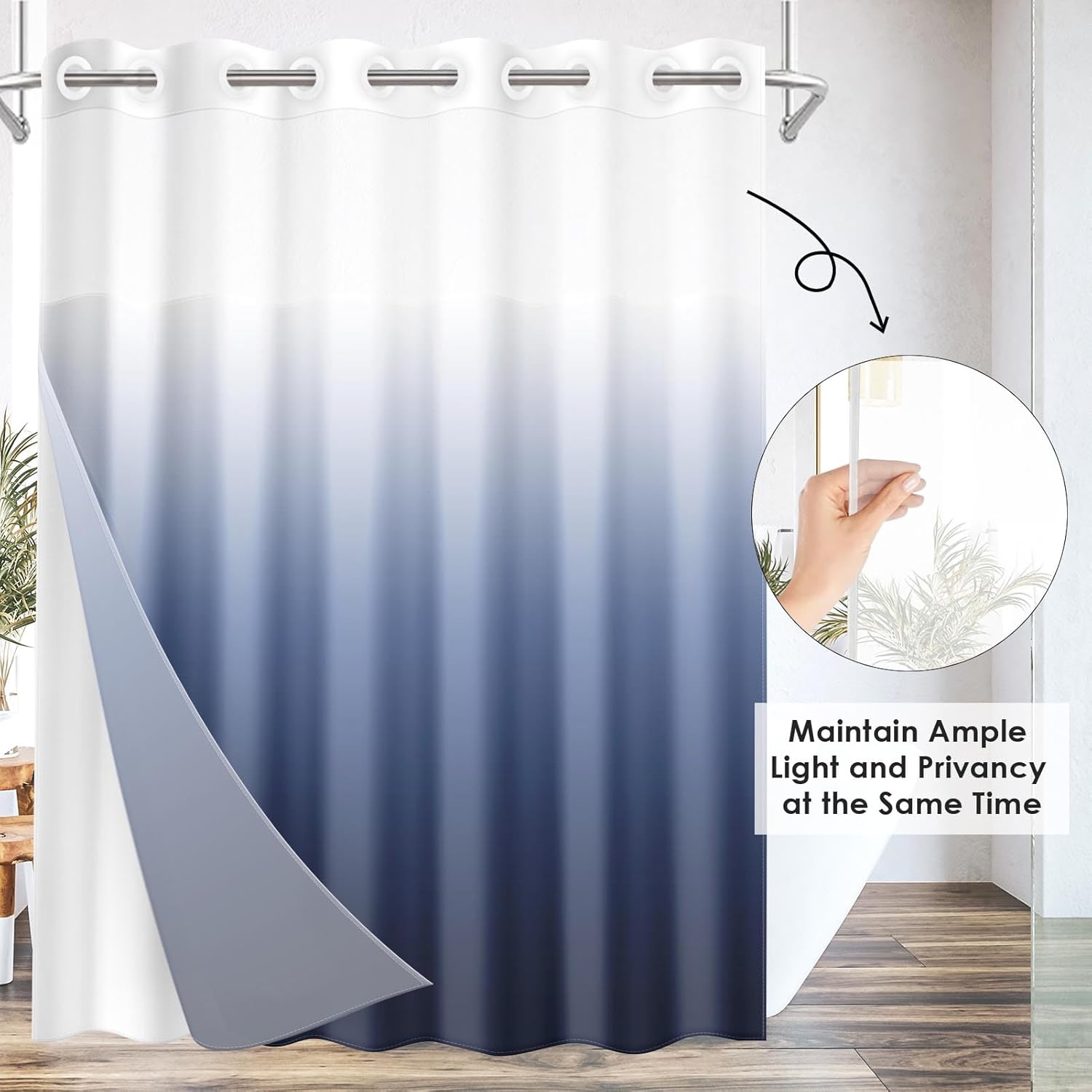 Nesphy No Hook Navy Blue Ombre Shower Curtain Set 1