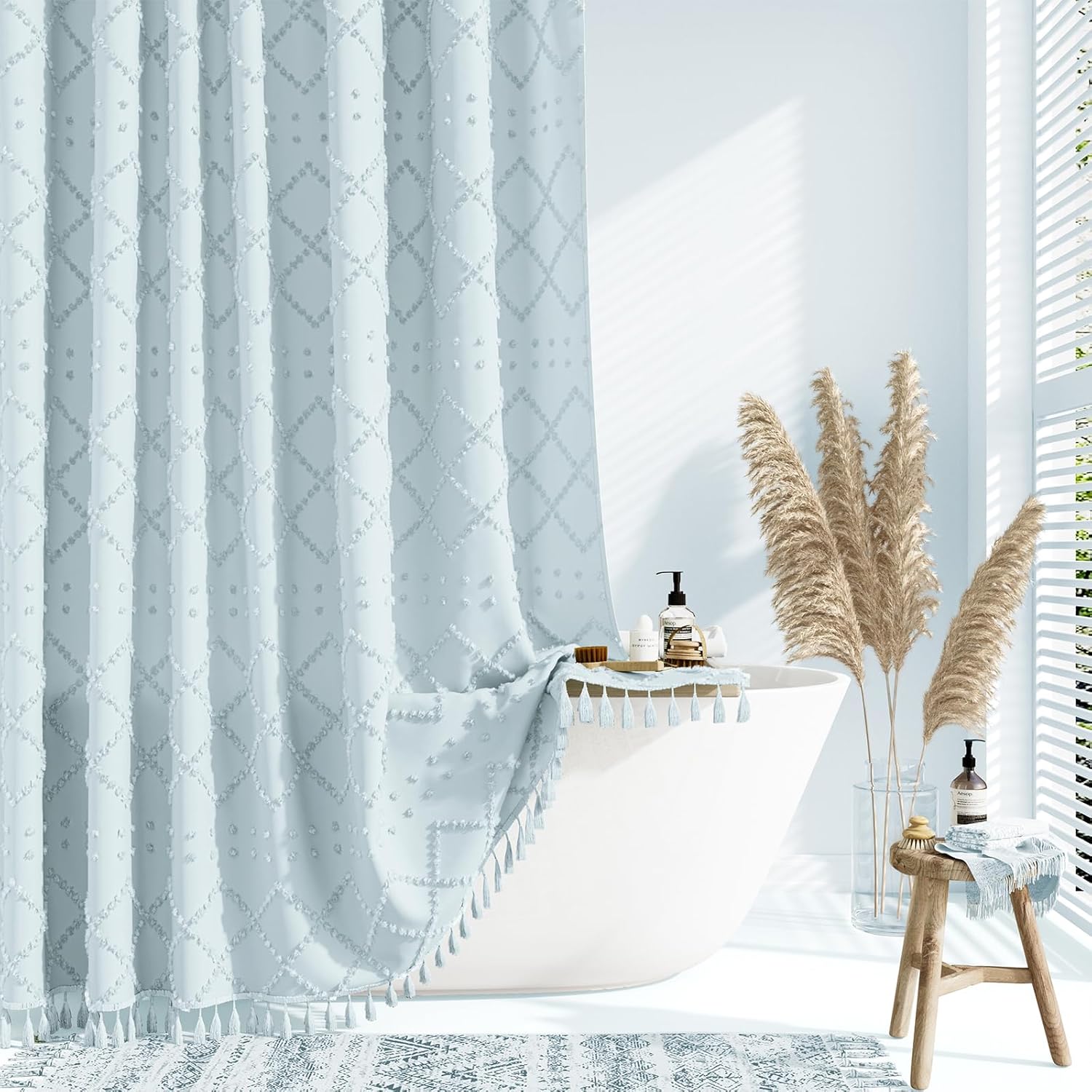 Dynamene Fog Blue Boho Shower Curtain Set