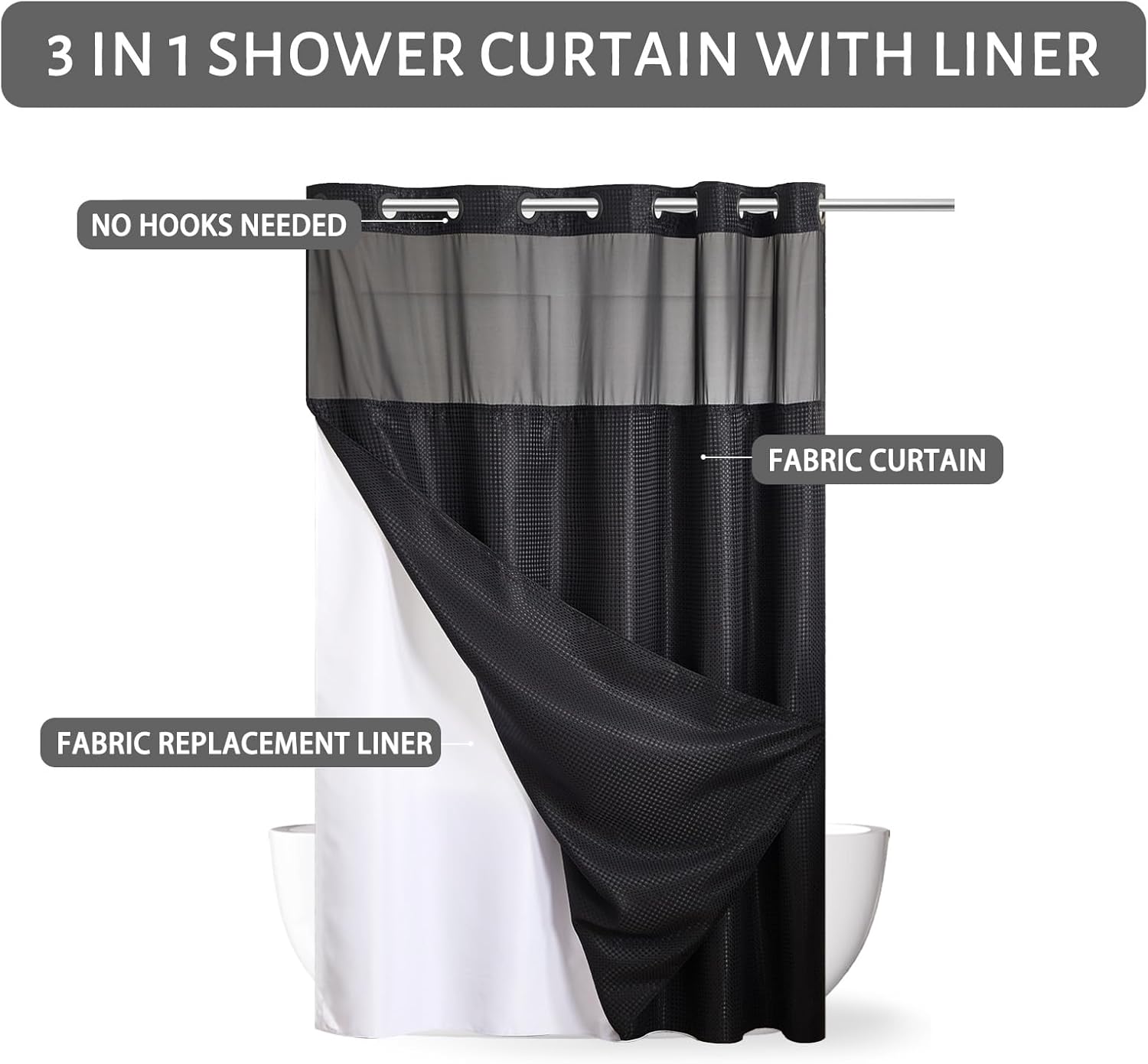 Furlinic No Hook Shower Curtain with Detachable Liner Black 71x78 Inch