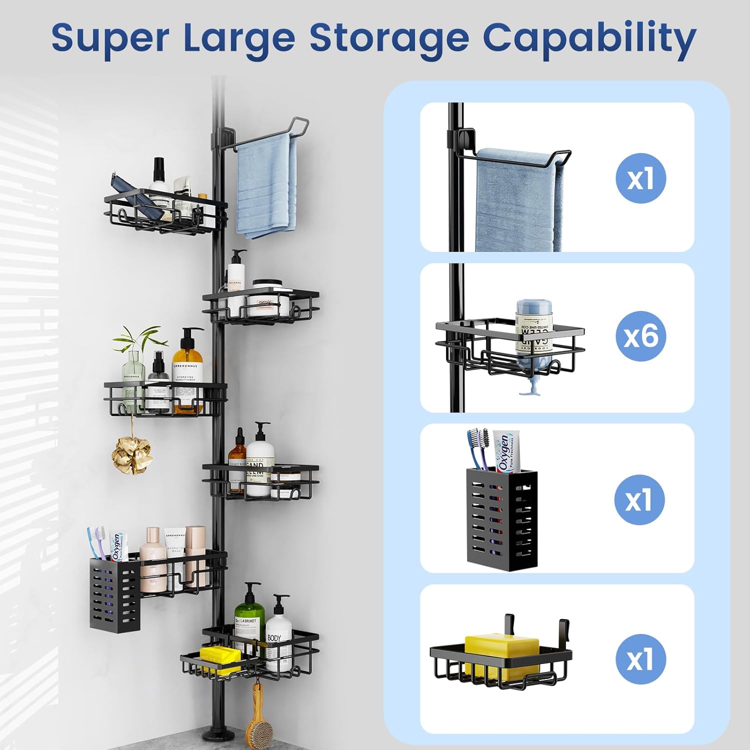 Mixoo Corner Shower Caddy - Adjustable Tension Pole with 6 Shelves