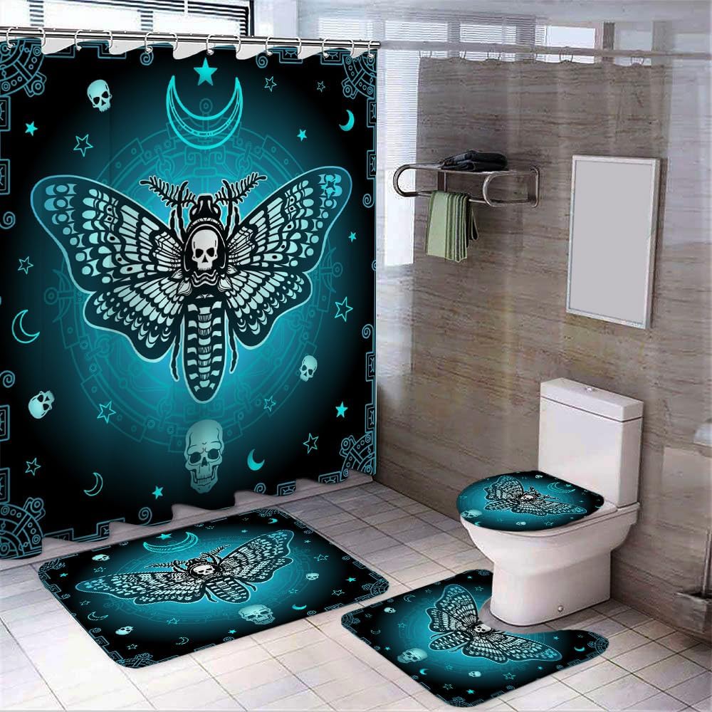 4 Pcs Death Moth Theme Shower Curtain Set with Rug and Mat