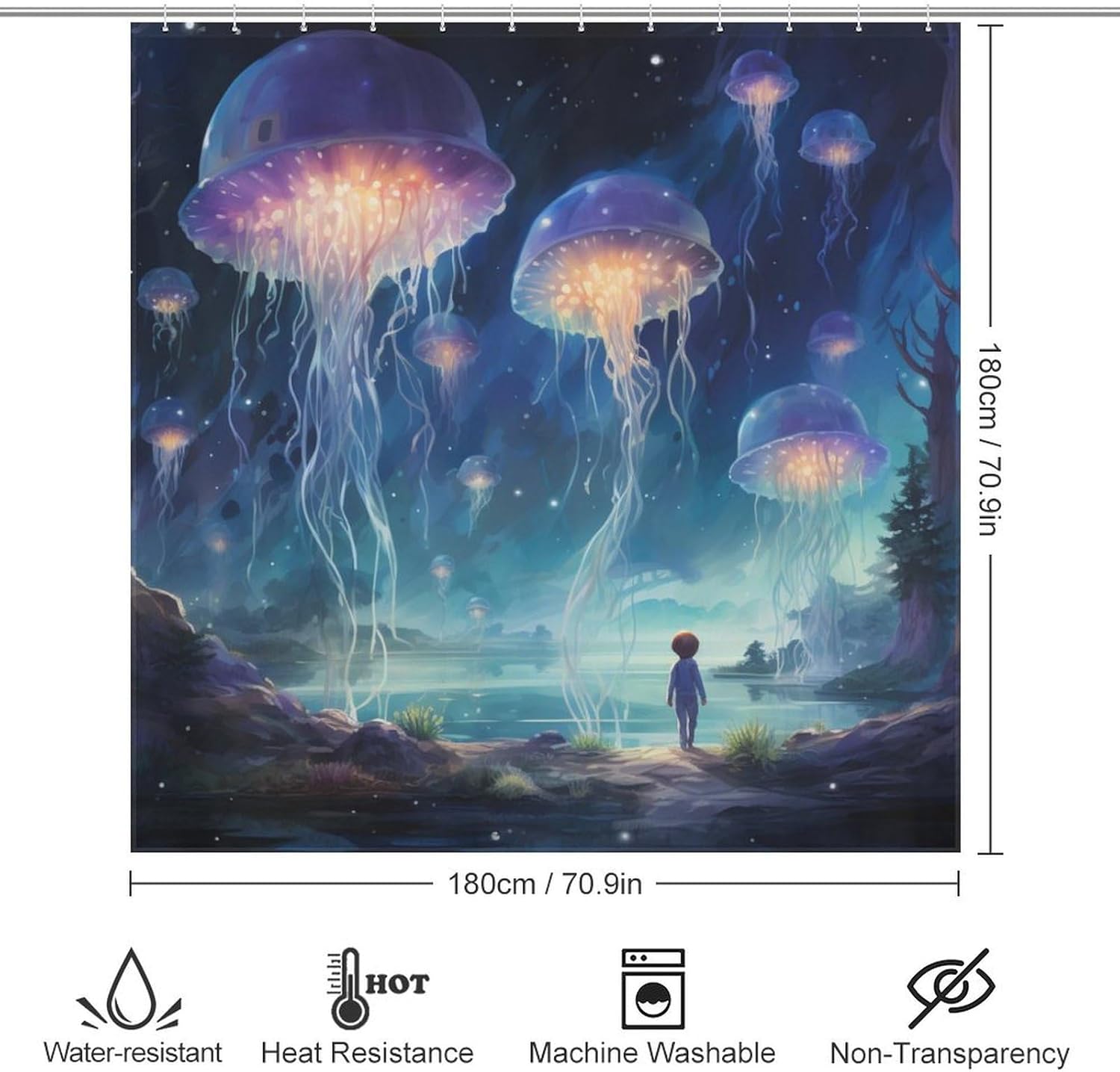 Blue Jellyfish Shower Curtain Set with 12 Hooks 72x72in