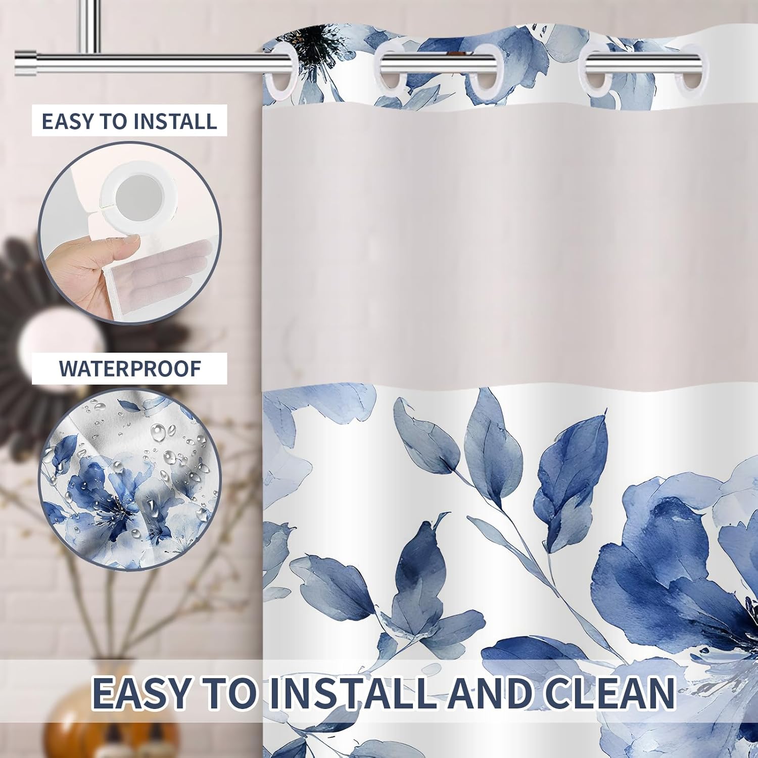 Uhexoyo Modern Abstract Navy Blue Flower Shower Curtain Set