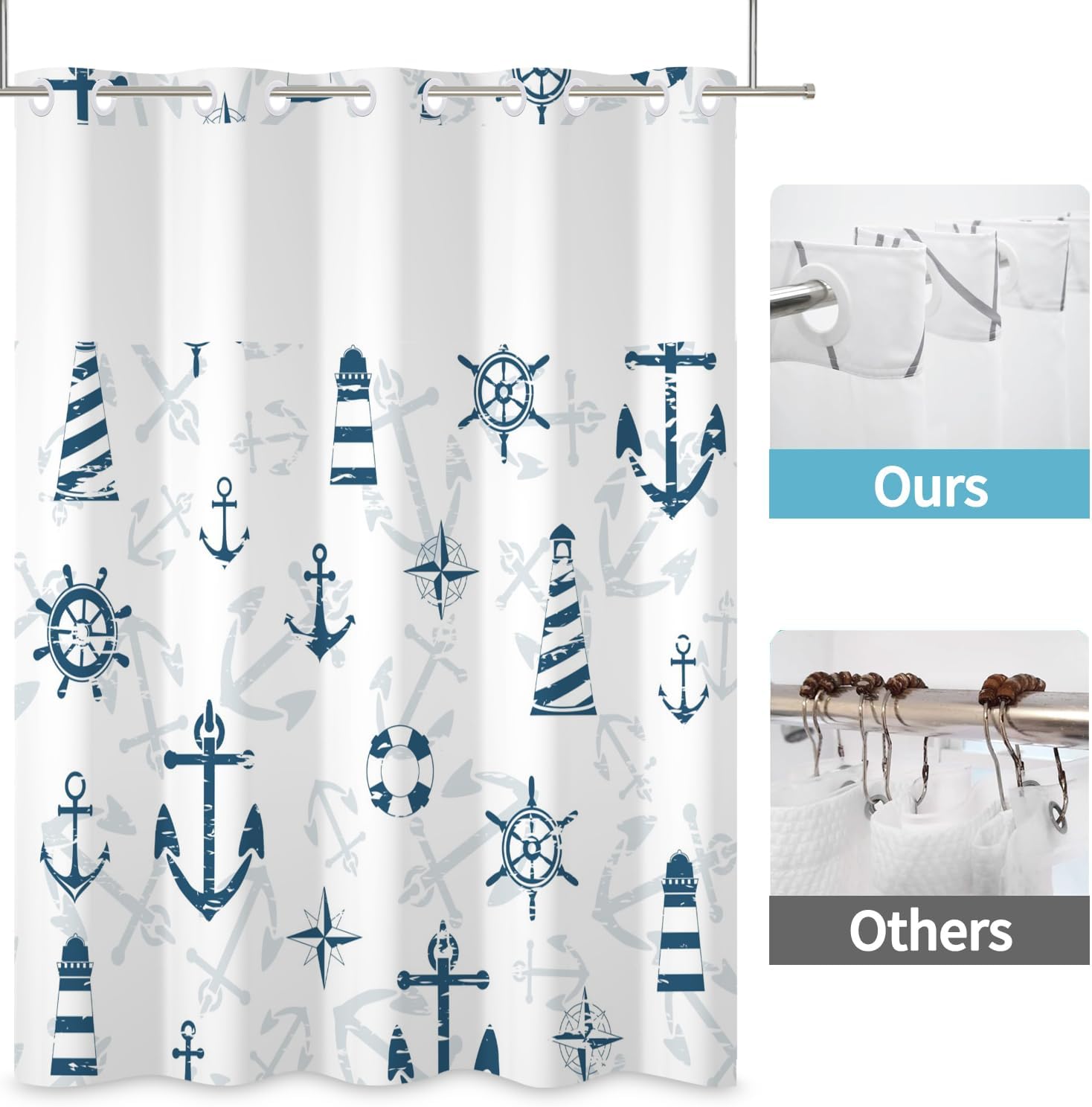 Nautical Shower Curtain Set with Snap Liner and No Hooks