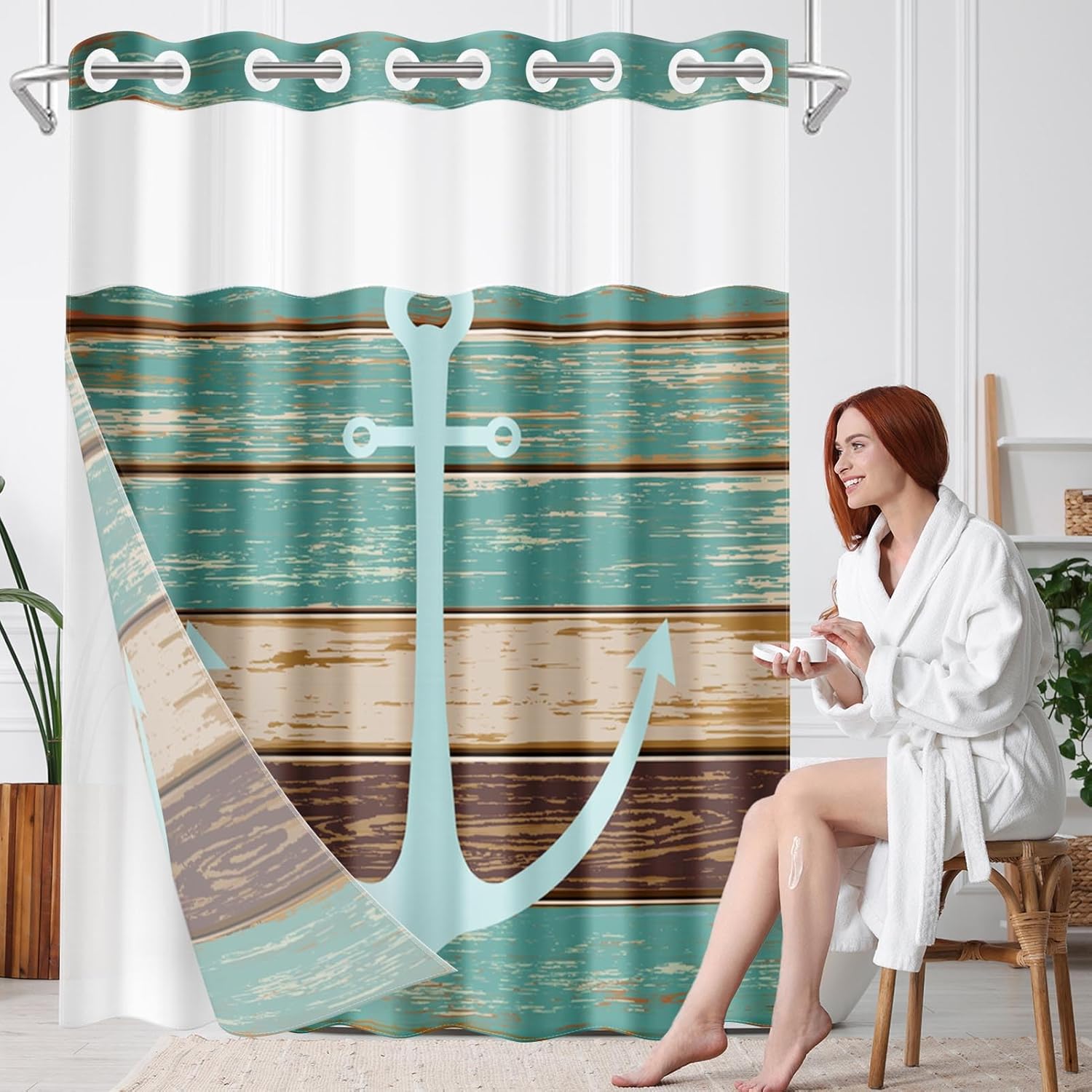 Nesphy No Hook Anchor Wooden Board Shower Curtain Set 1