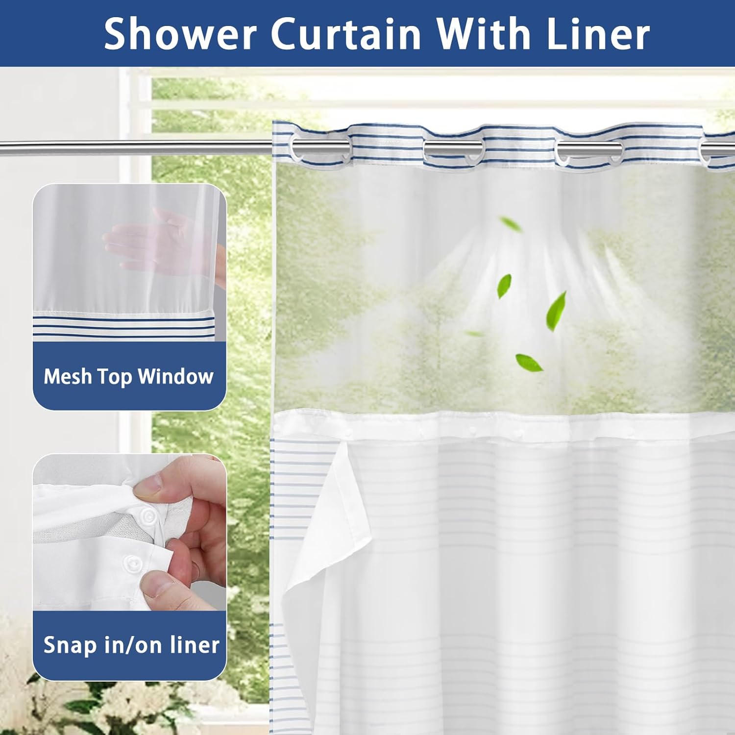 Awellife Boho Navy Striped Shower Curtain Set