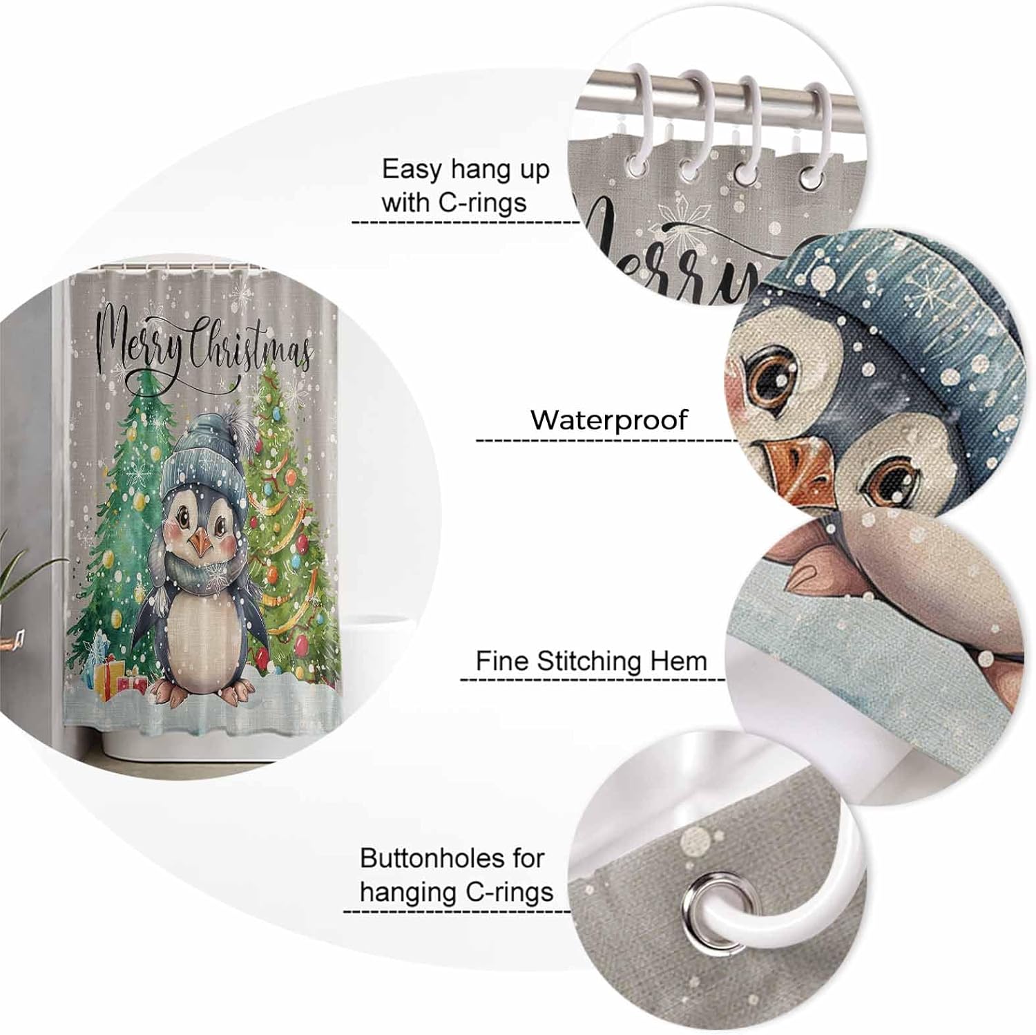 Christmas Penguin Bathroom Set with Shower Curtain and Rug