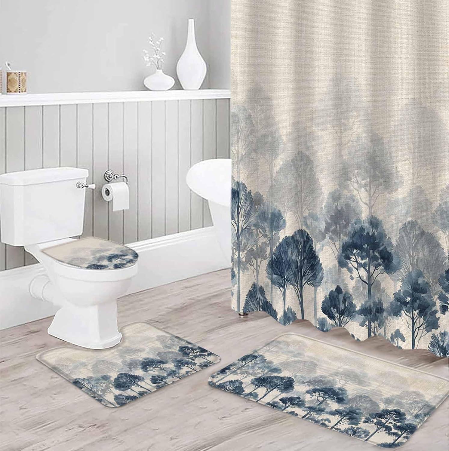 Blue Forest Bathroom Set with Shower Curtain and Rug