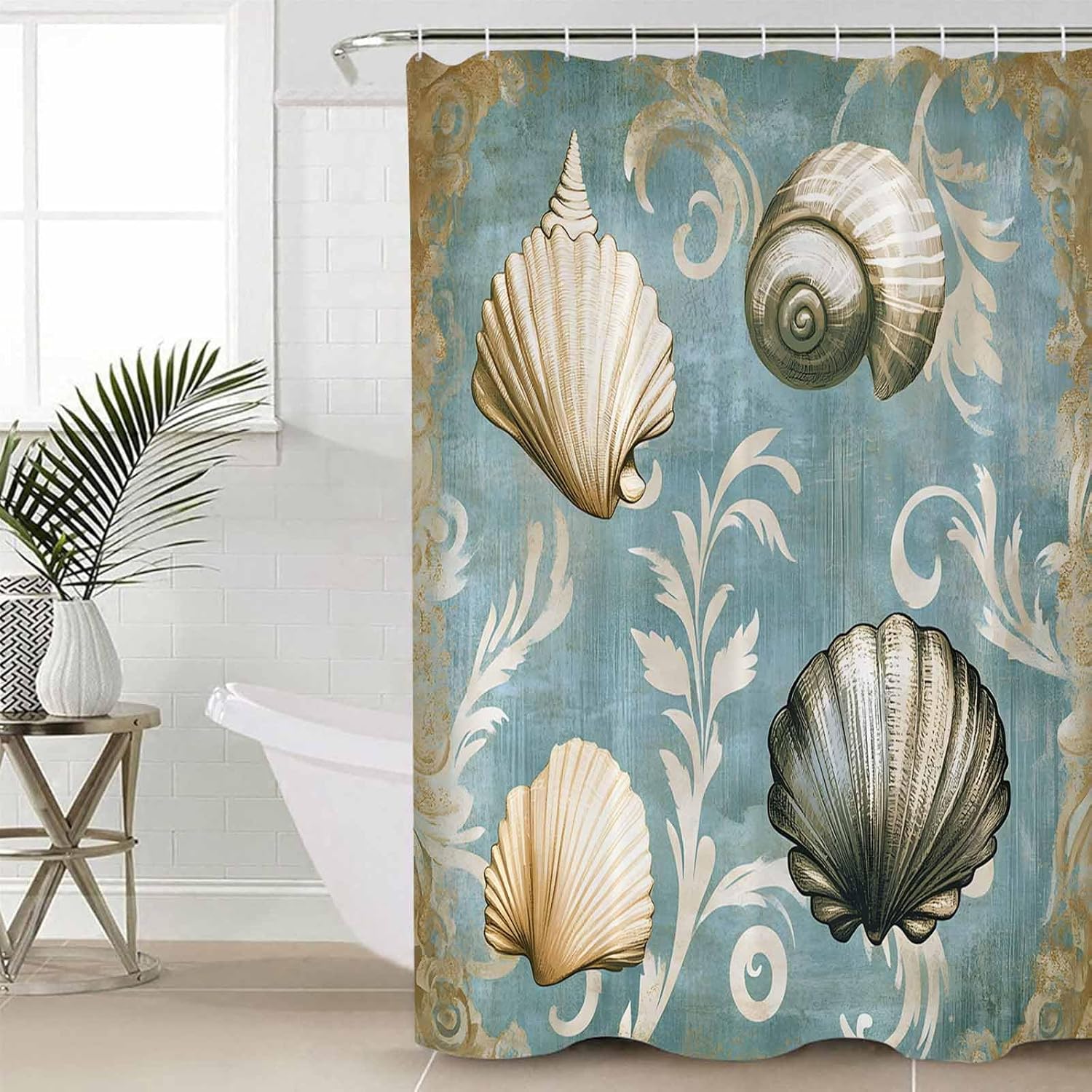ZOE GARDEN Blue Brown Coastal Bathroom Set with Shower Curtain and Rug