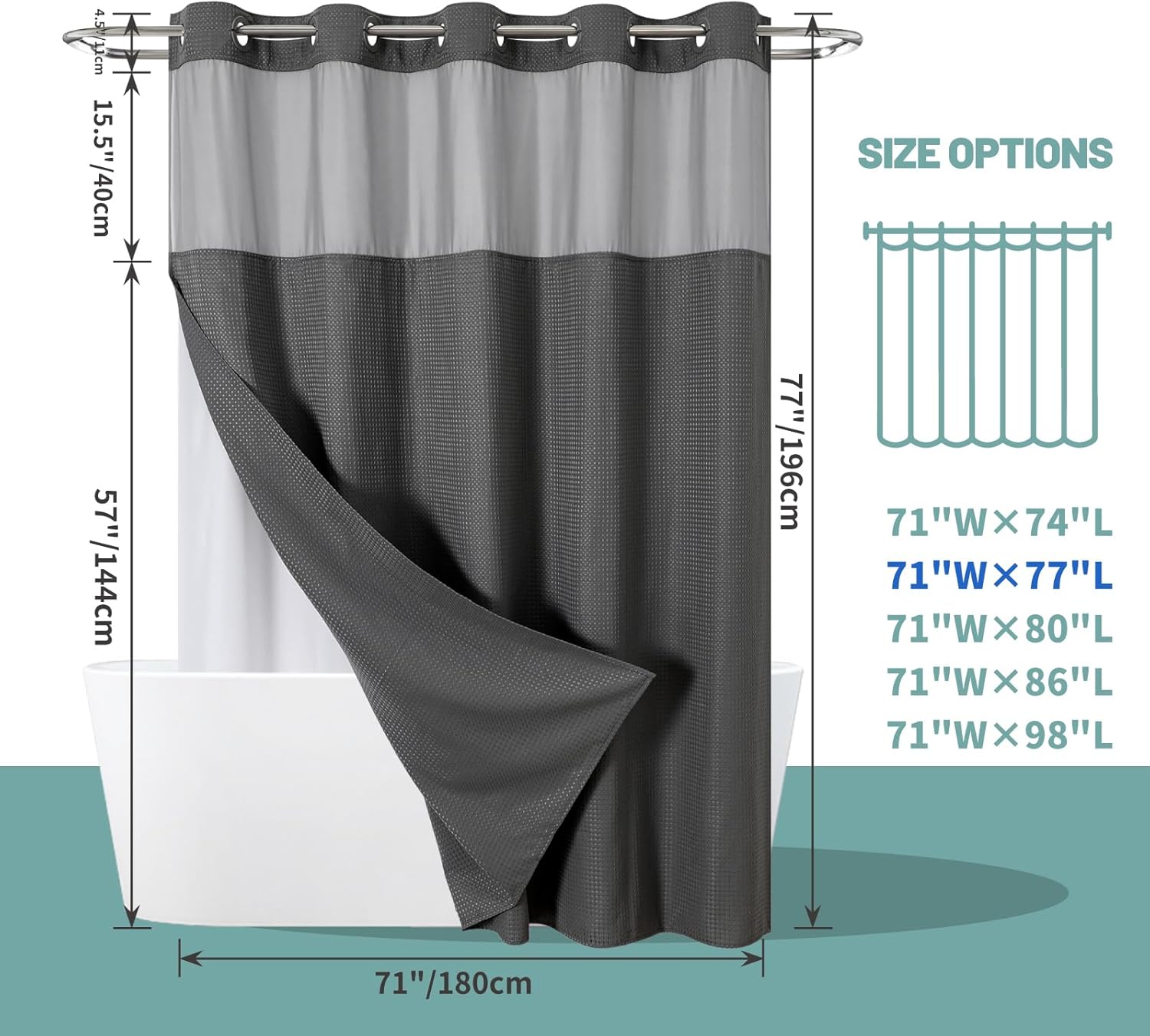 Charcoal Grey Waffle Weave Shower Curtain Set with Snap-In Liner 71x77 Inches