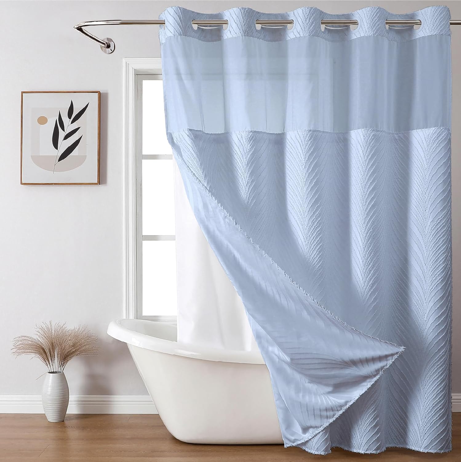FrostBlue No Hook Boho Shower Curtain Set with Tufted Stripes
