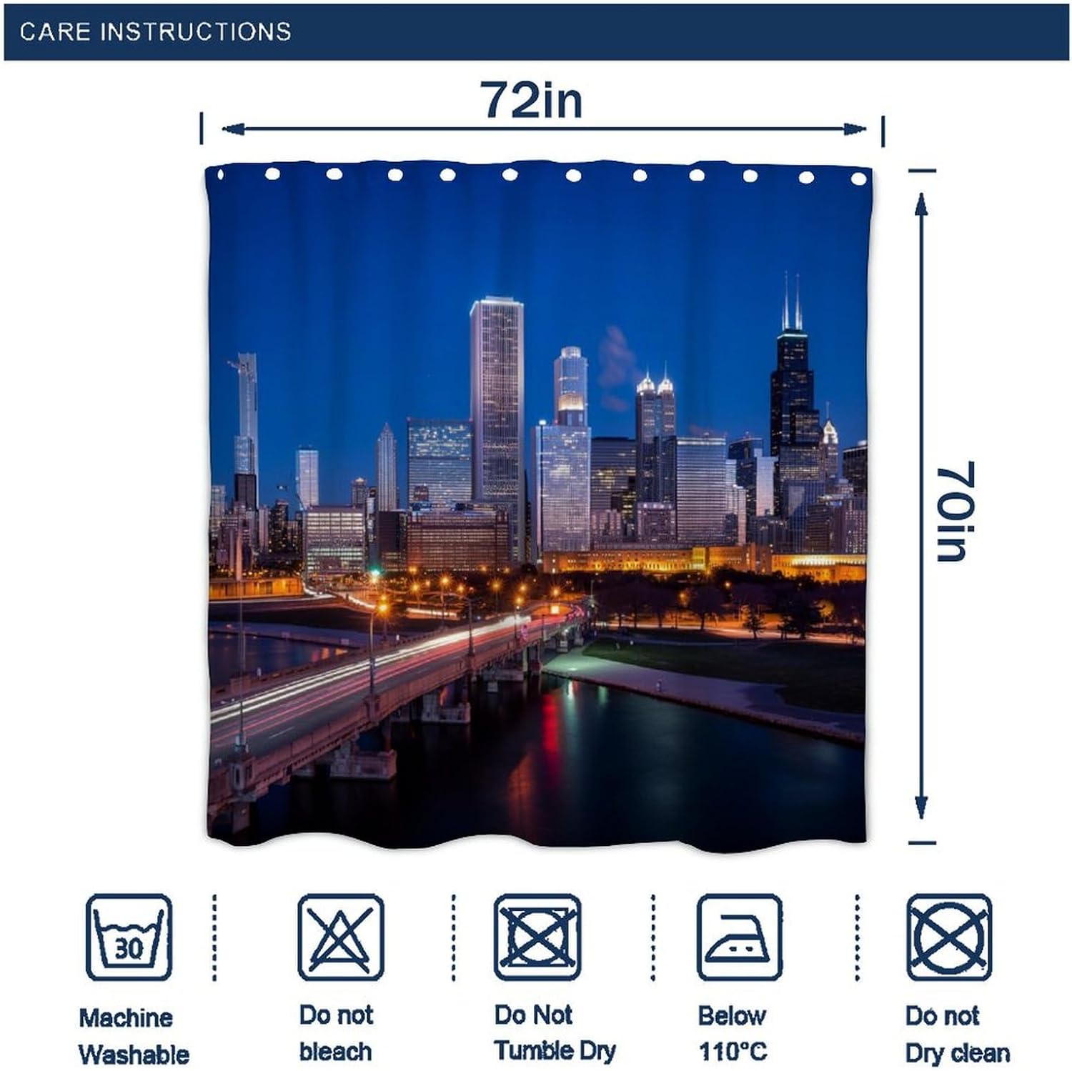 OXJOIIS USA Chicago City Skyline Art Shower Curtain Set