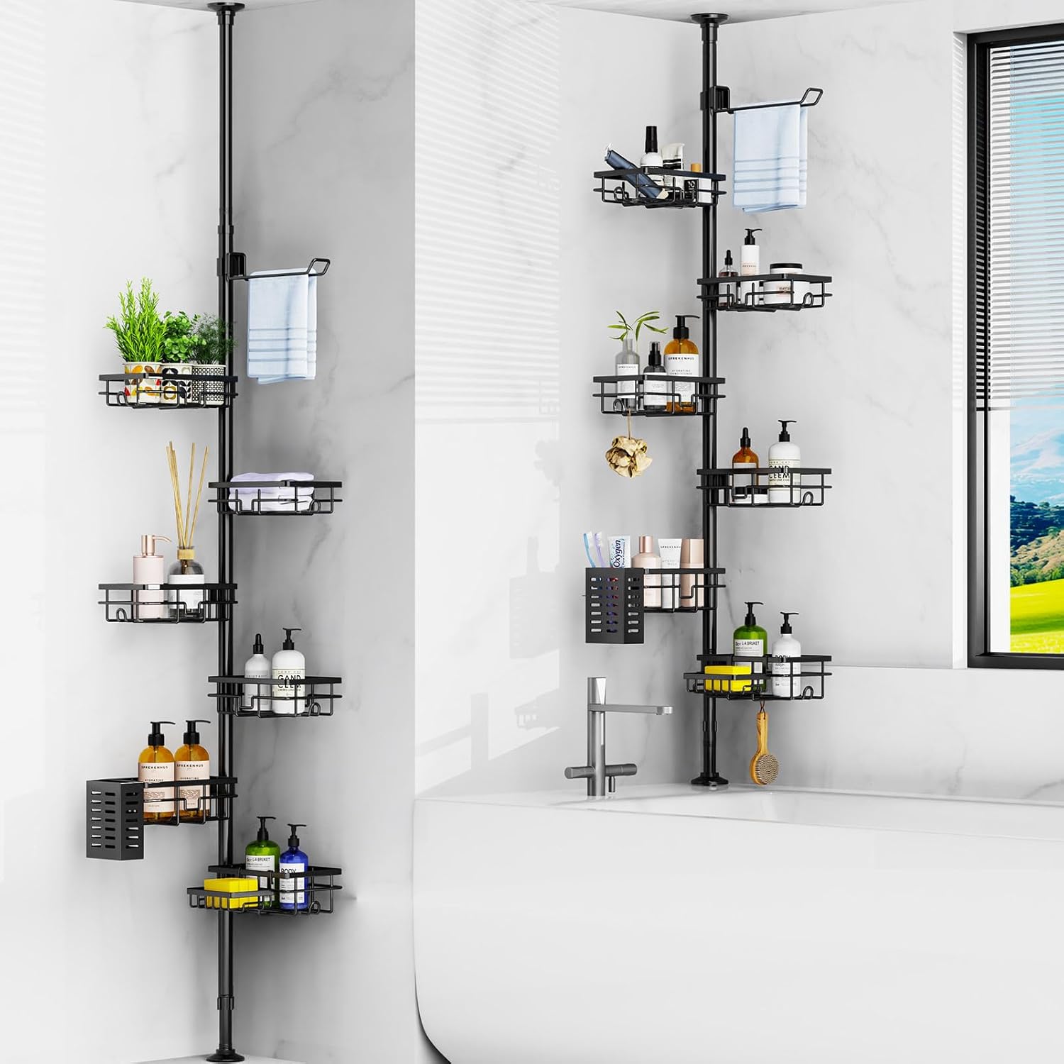 Mixoo Corner Shower Caddy - Adjustable Tension Pole with 6 Shelves