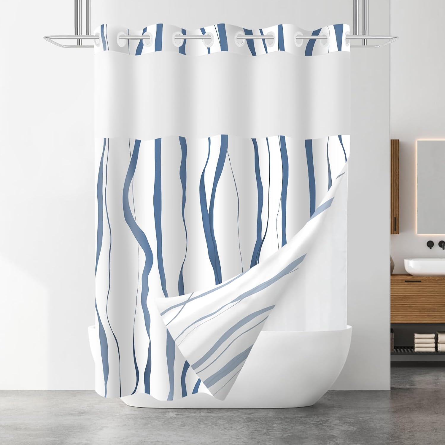 71x84 Inches White Hotel Style Shower Curtain Set with Blue Striped Design