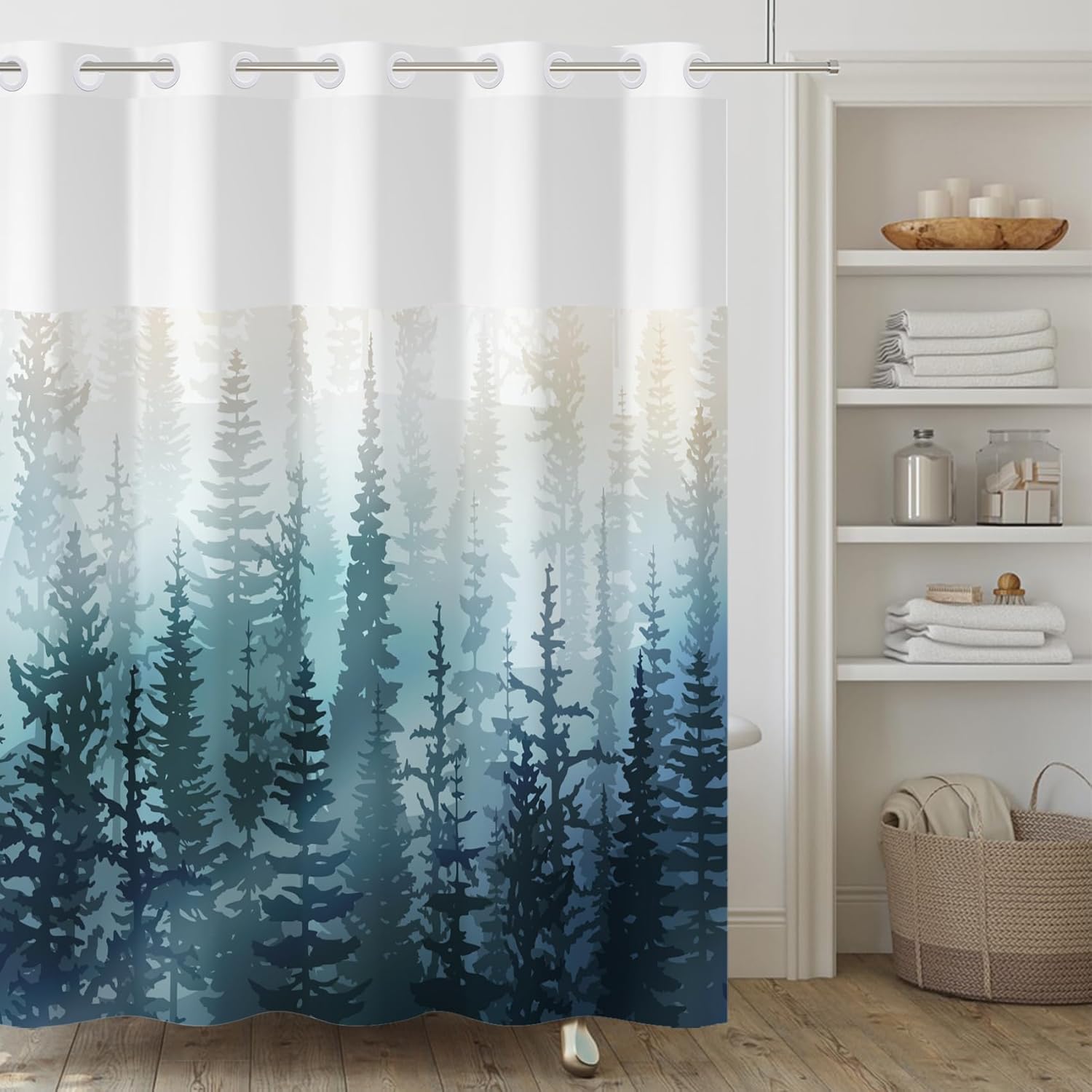 Yanutan Teal Forest No Hook Shower Curtain Set