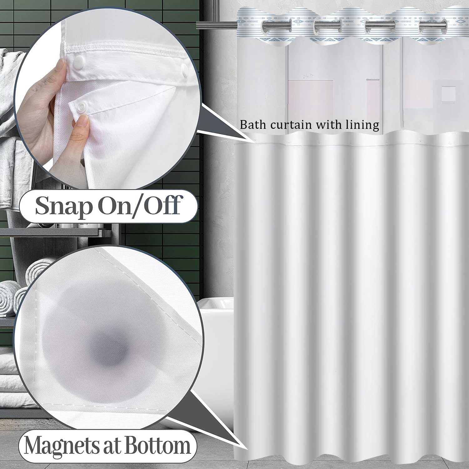 TERSUM No Hook Blue Striped Shower Curtain Set with Snap Liner 71x74 Inch