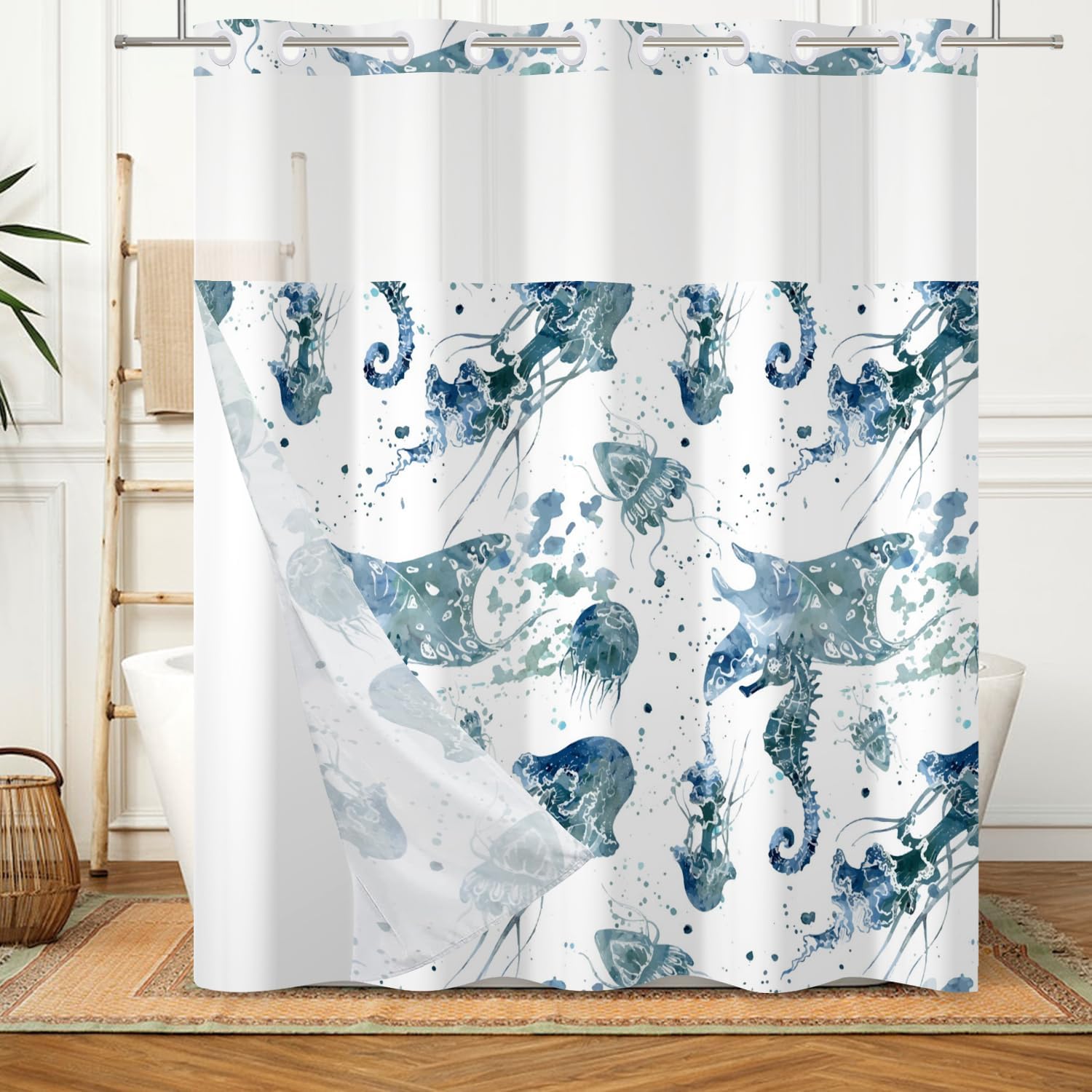 No Hook Shower Curtain with Snap Liner Set 71x74 Inch