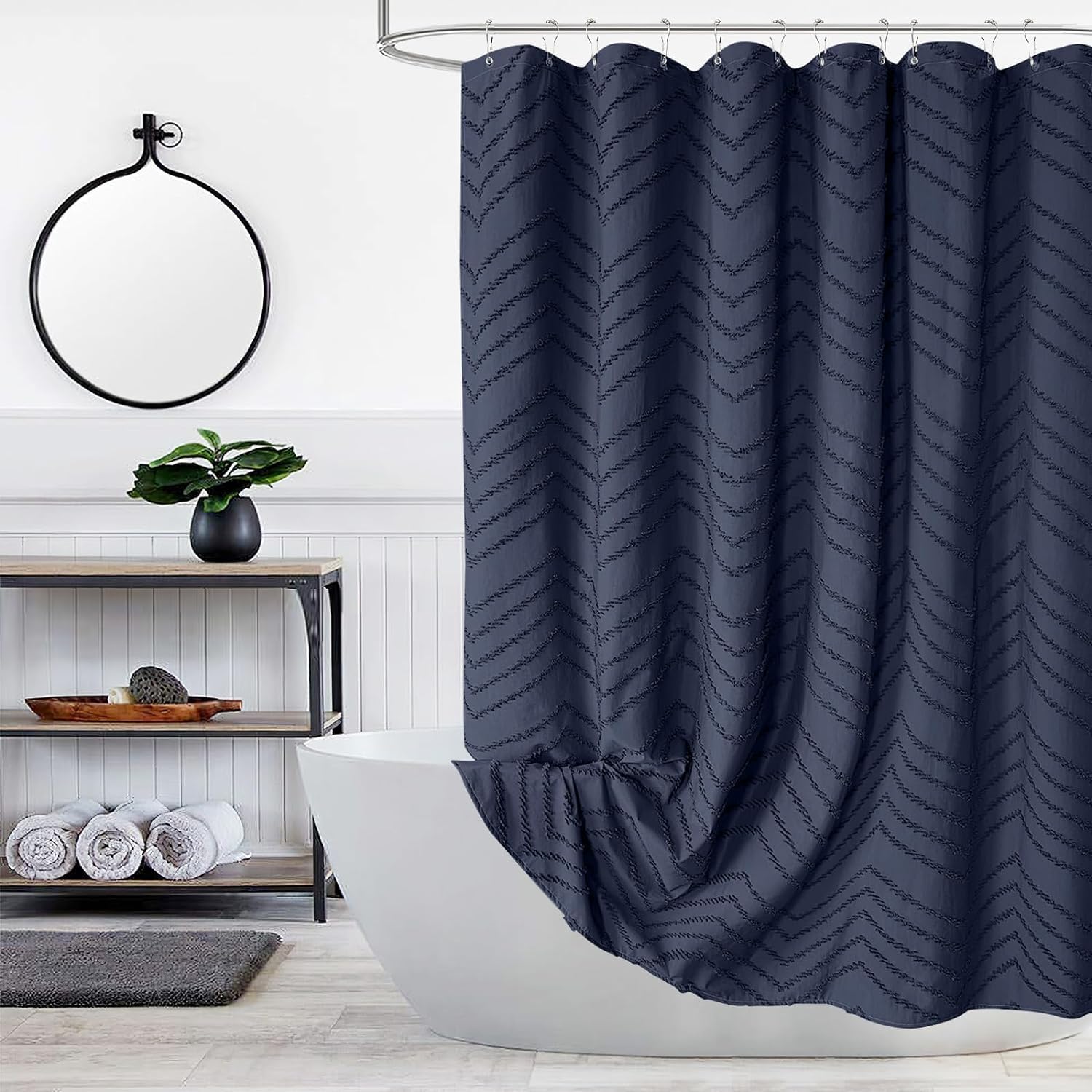Navy Blue Tufted Chevron Shower Curtain Set