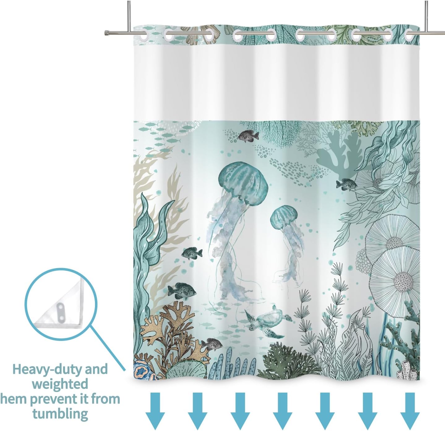 No Hook Jellyfish Shower Curtain Set with Snap-in Liner and Double Layer