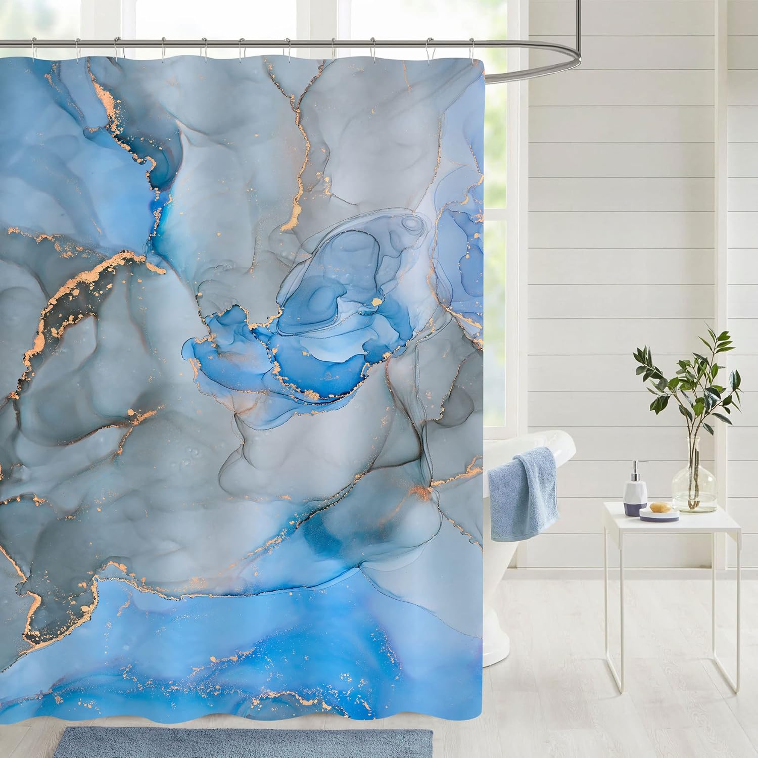 Gibelle Abstract Blue Grey Marble Shower Curtain Set 71x71