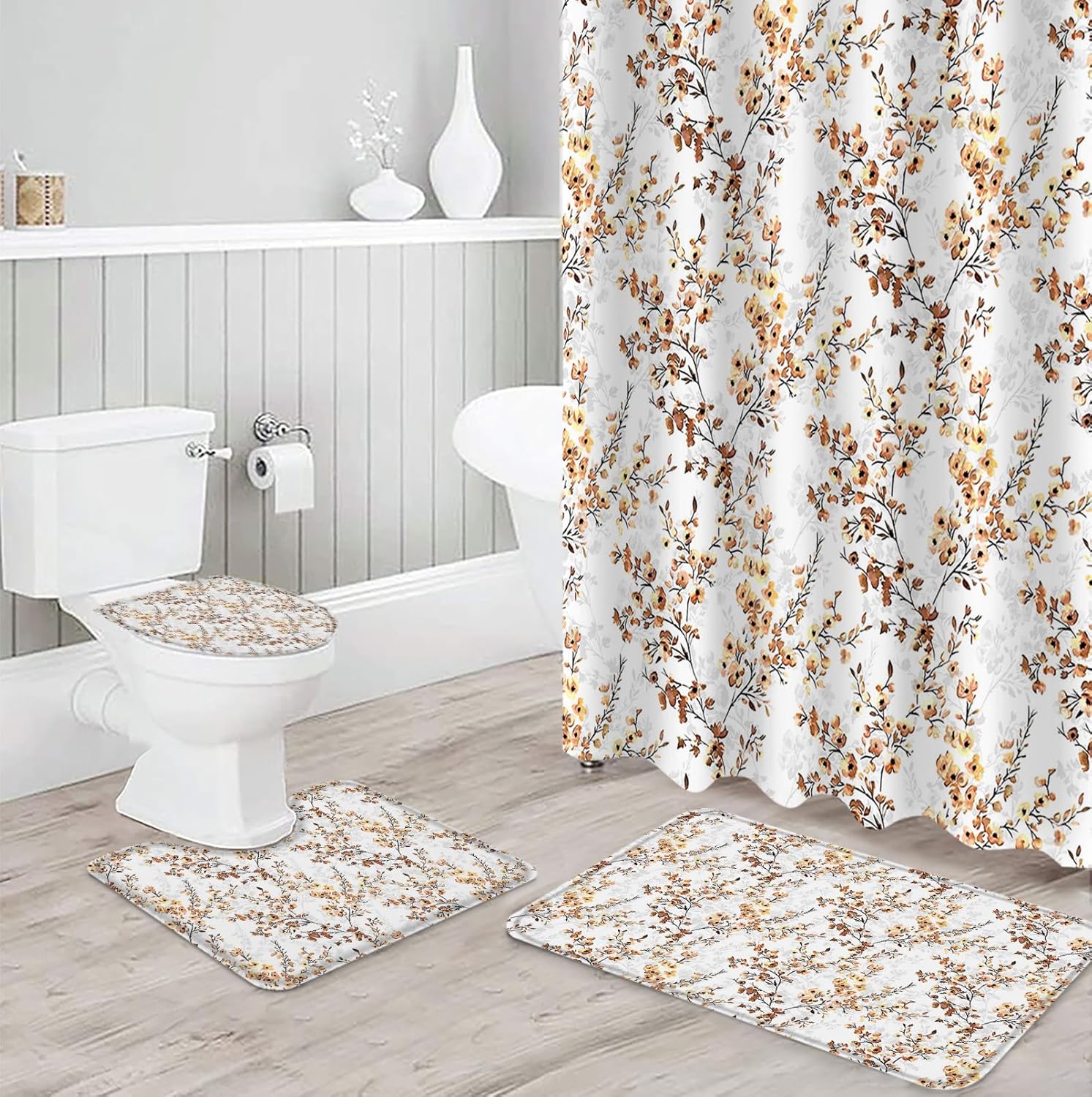 ZOE GARDEN Brown Flower Leaves Shower Curtain Set