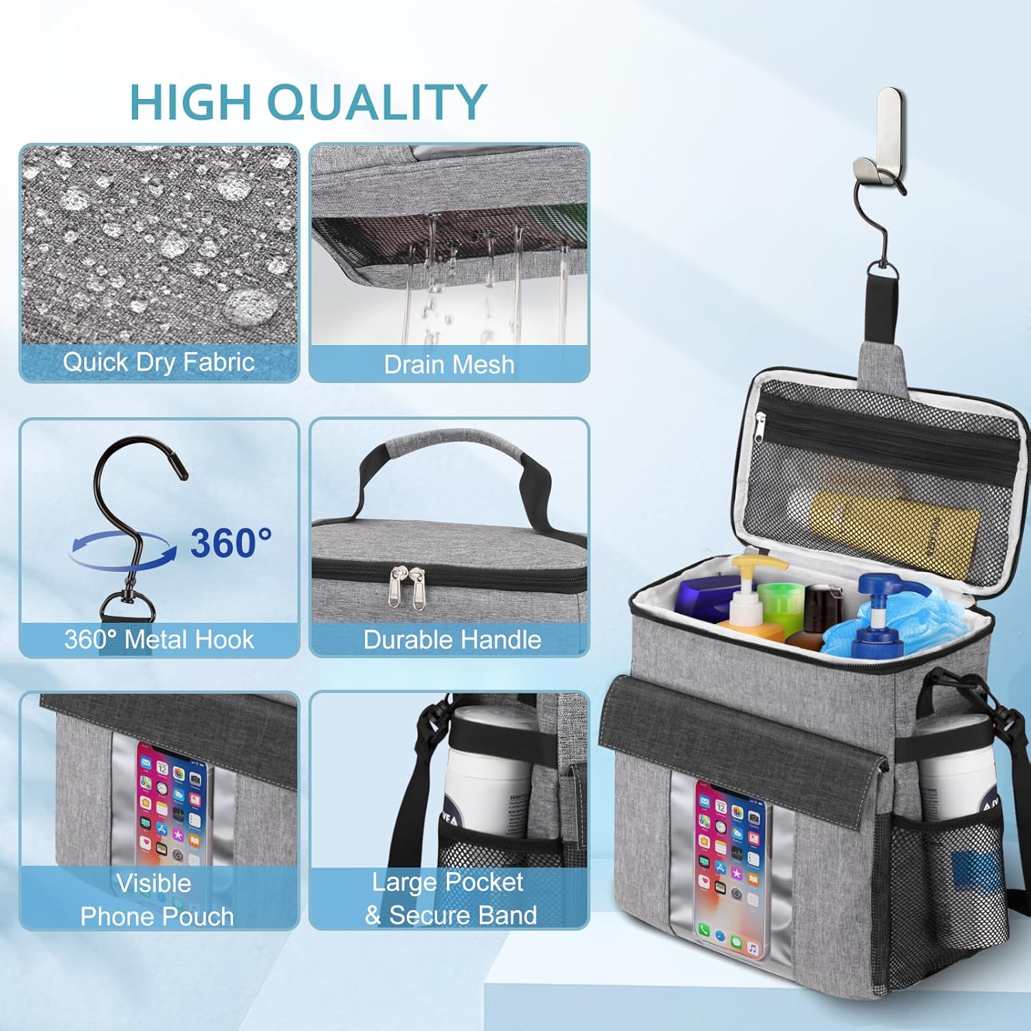 SKYREH Portable Shower Caddy Tote Bag with Shoes and Phone Compartment Gray