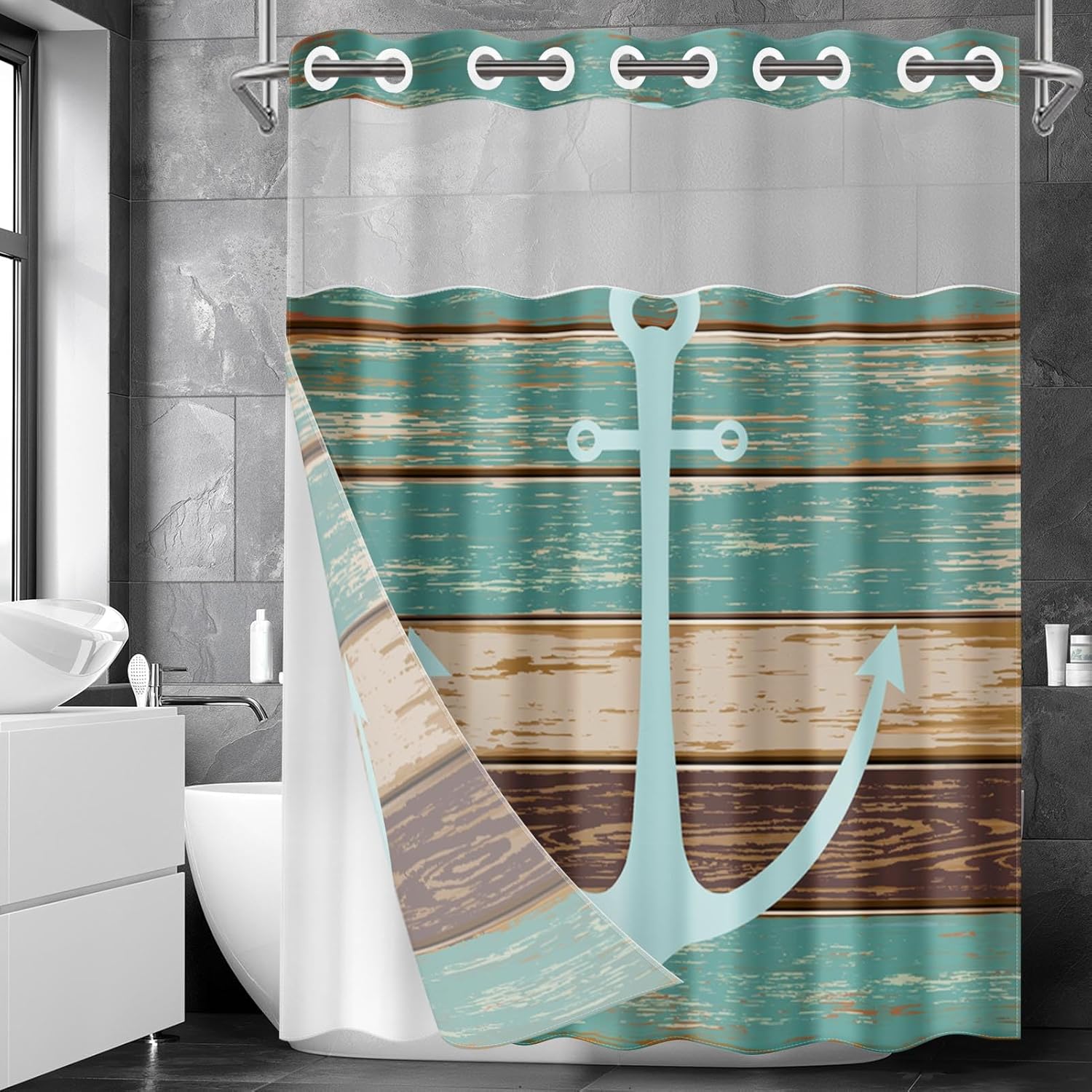 Nesphy No Hook Anchor Wooden Board Shower Curtain Set 1