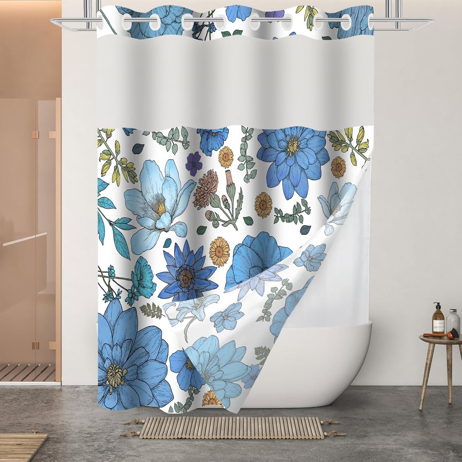 Boho Floral Shower Curtain Set with Snap Liner Blue and White