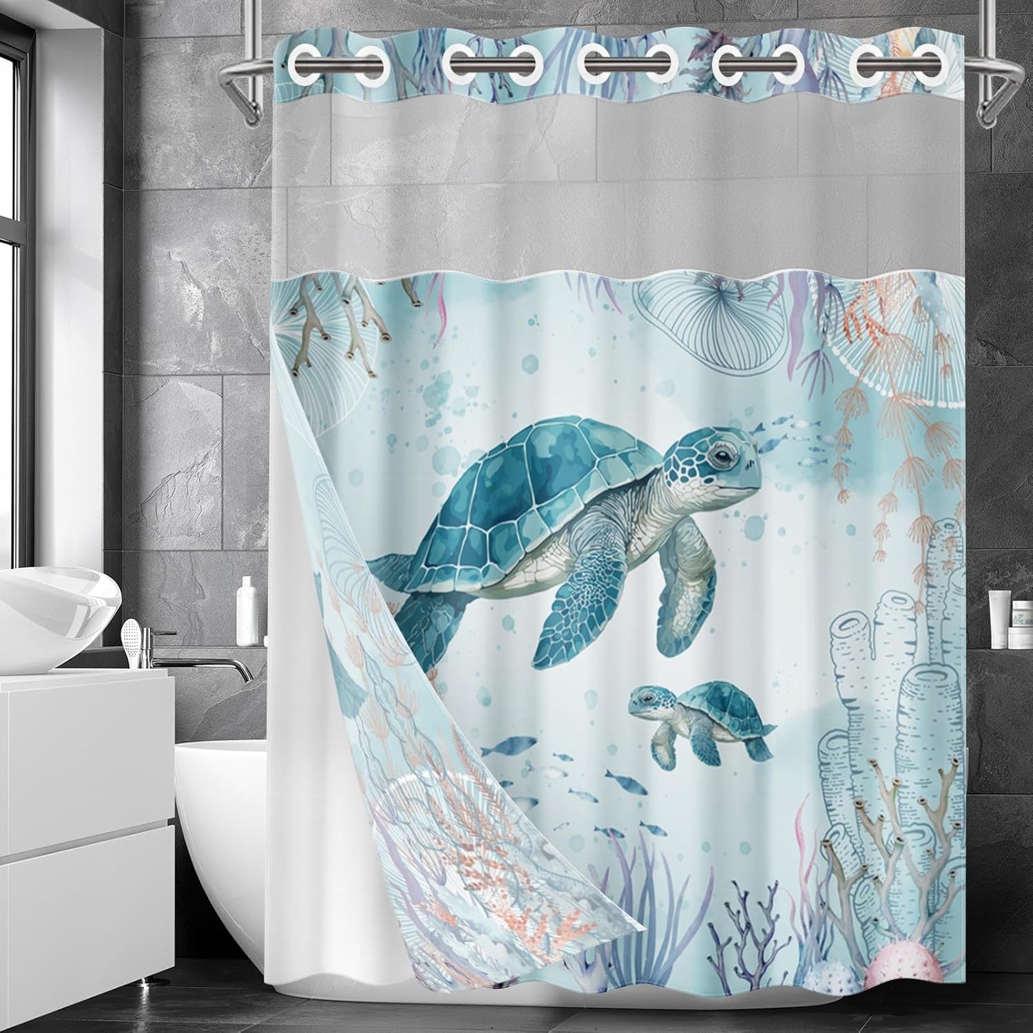 Nesphy No Hook Sea Turtles Shower Curtain Set